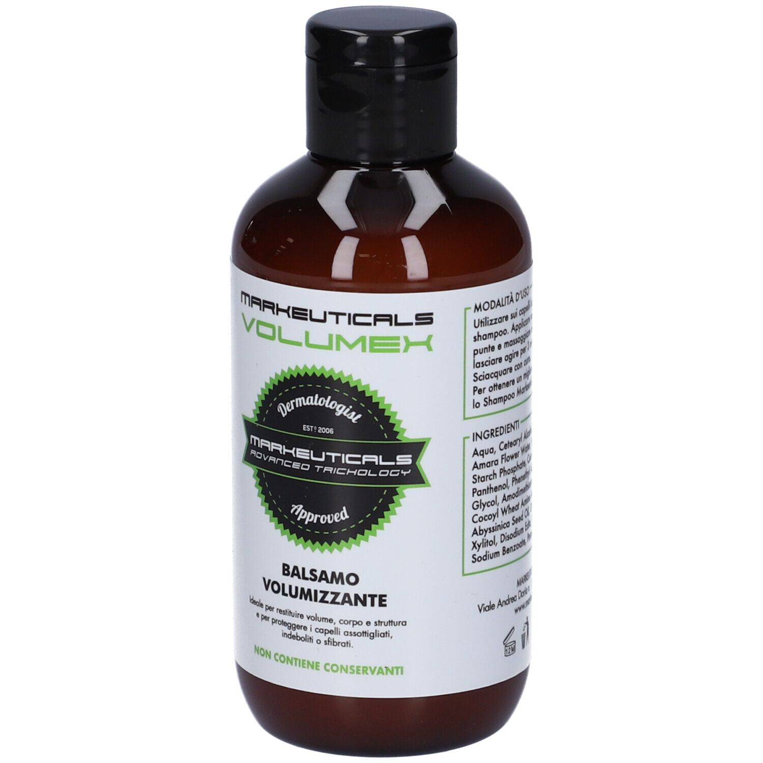 Flacone marrone con tappo nero. Markeuticals Volumex Balsamo, etichetta verde. Dermatologist Approved.