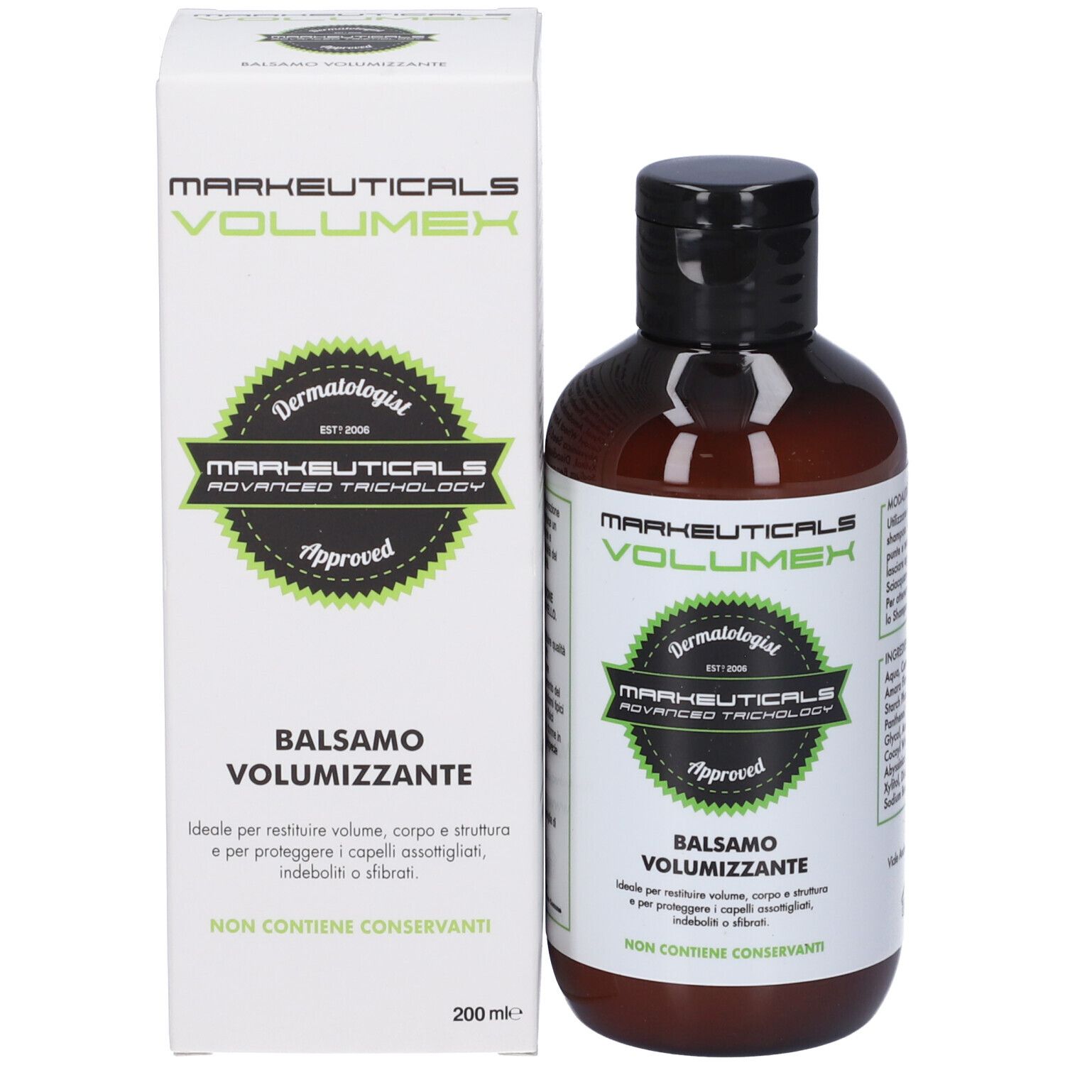 Flacone marrone e scatola bianca. Markeuticals Volumex Balsamo. Dermatologist Approved. 200 ml.