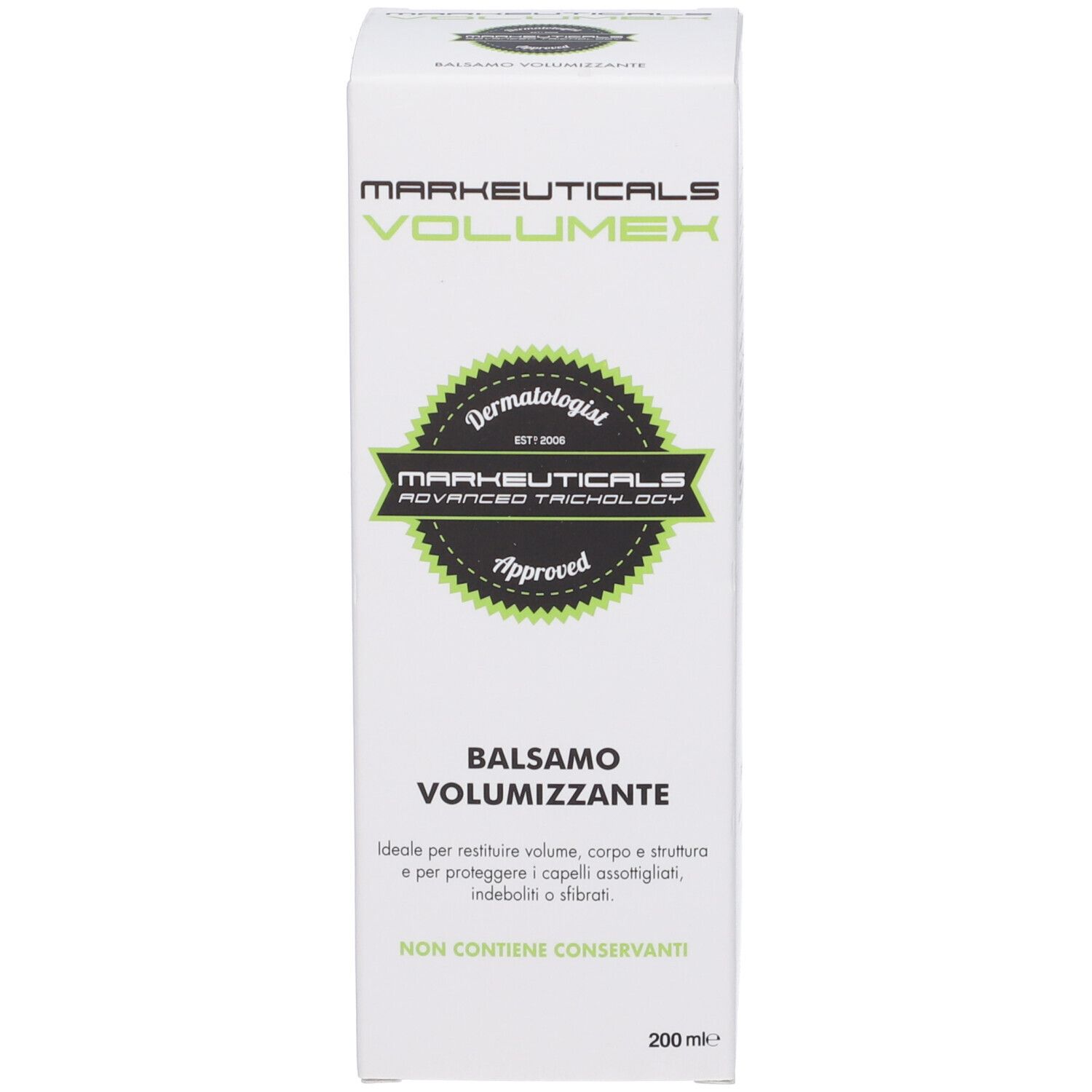 Scatola bianca. Markeuticals Volumex Balsamo. Dermatologist Approved. 200 ml.