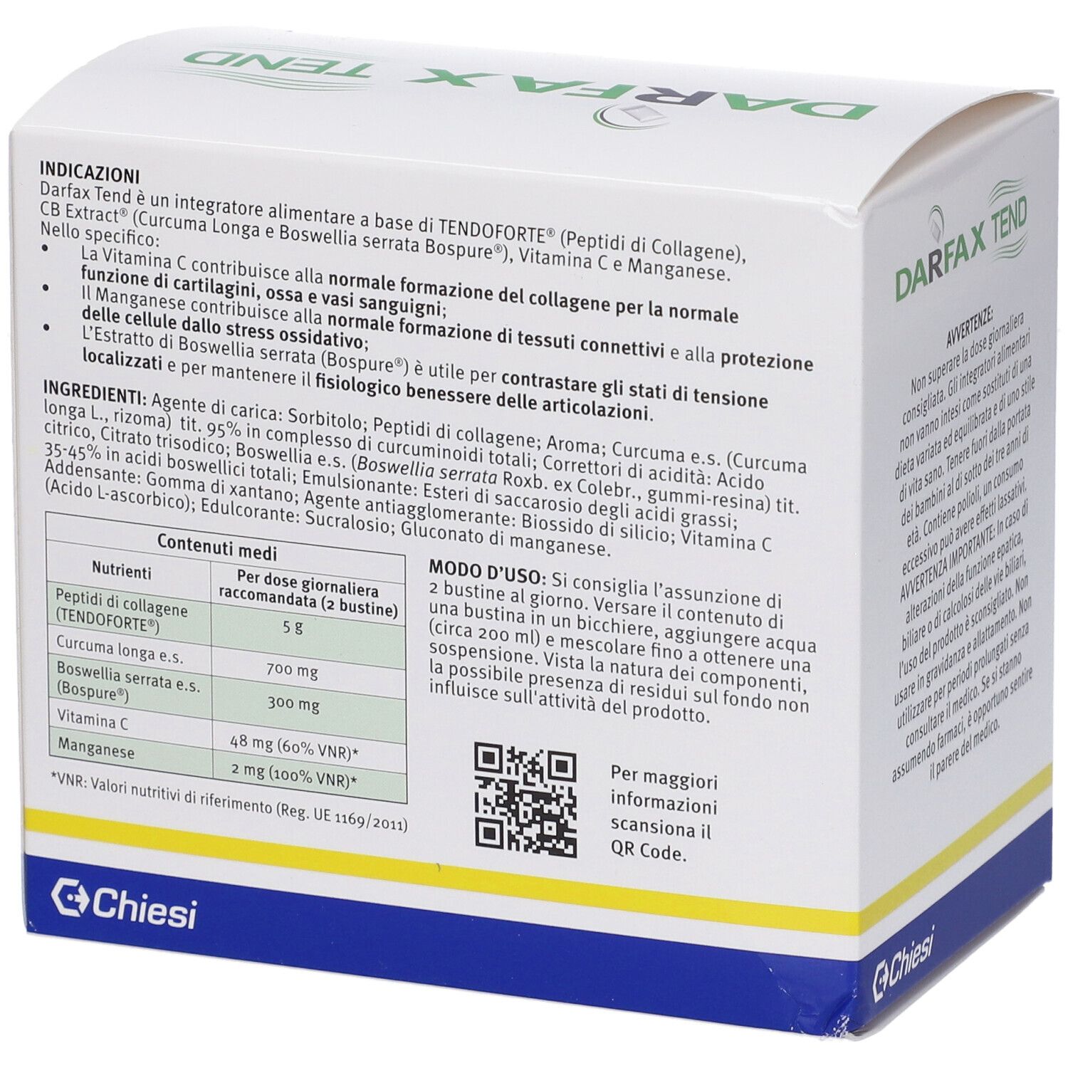 Scatola Darfax Tend. Testo: Ingredienti, ingredienti, uso. Codice QR. Logo Chiesi.