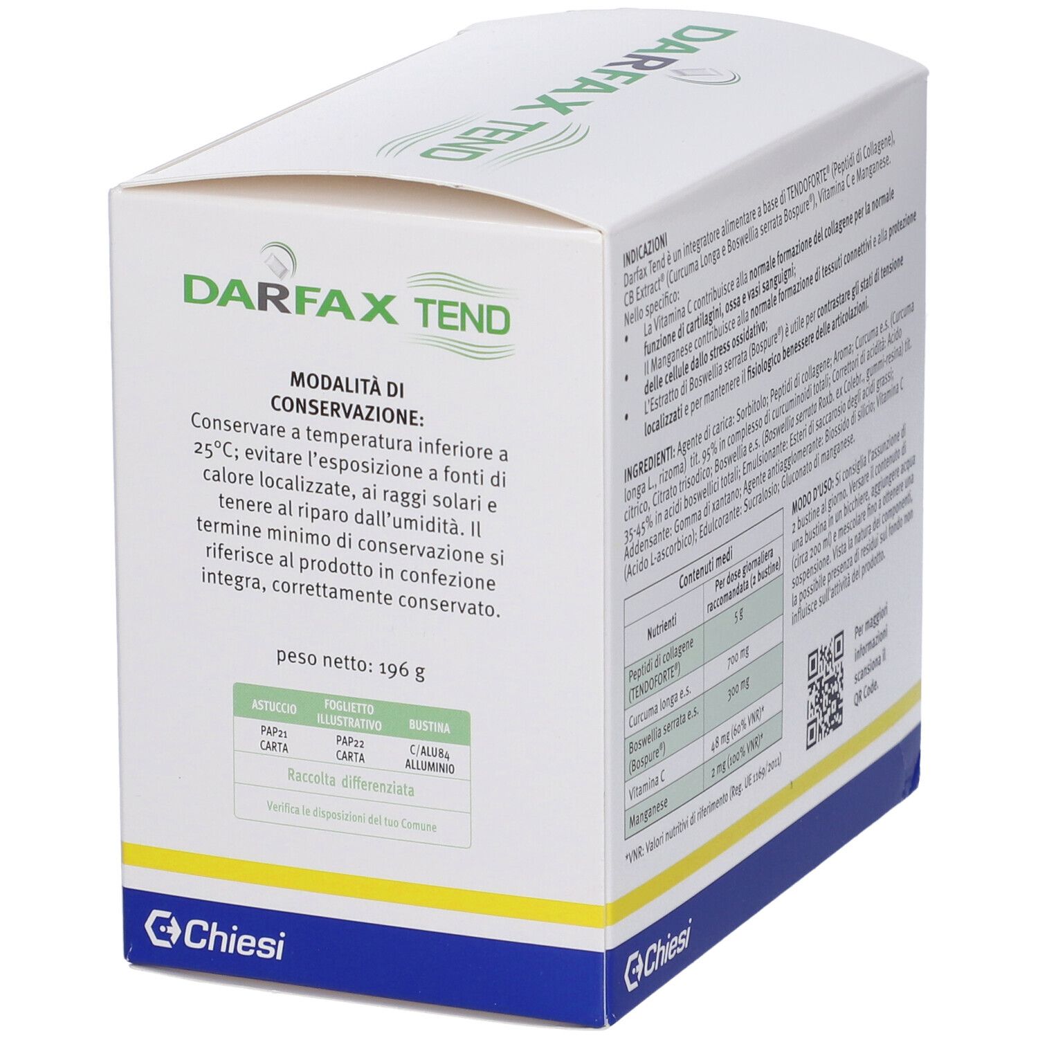 Scatola Darfax Tend. Testo: Conservazione, peso netto 196 g. Codice QR. Logo Chiesi.