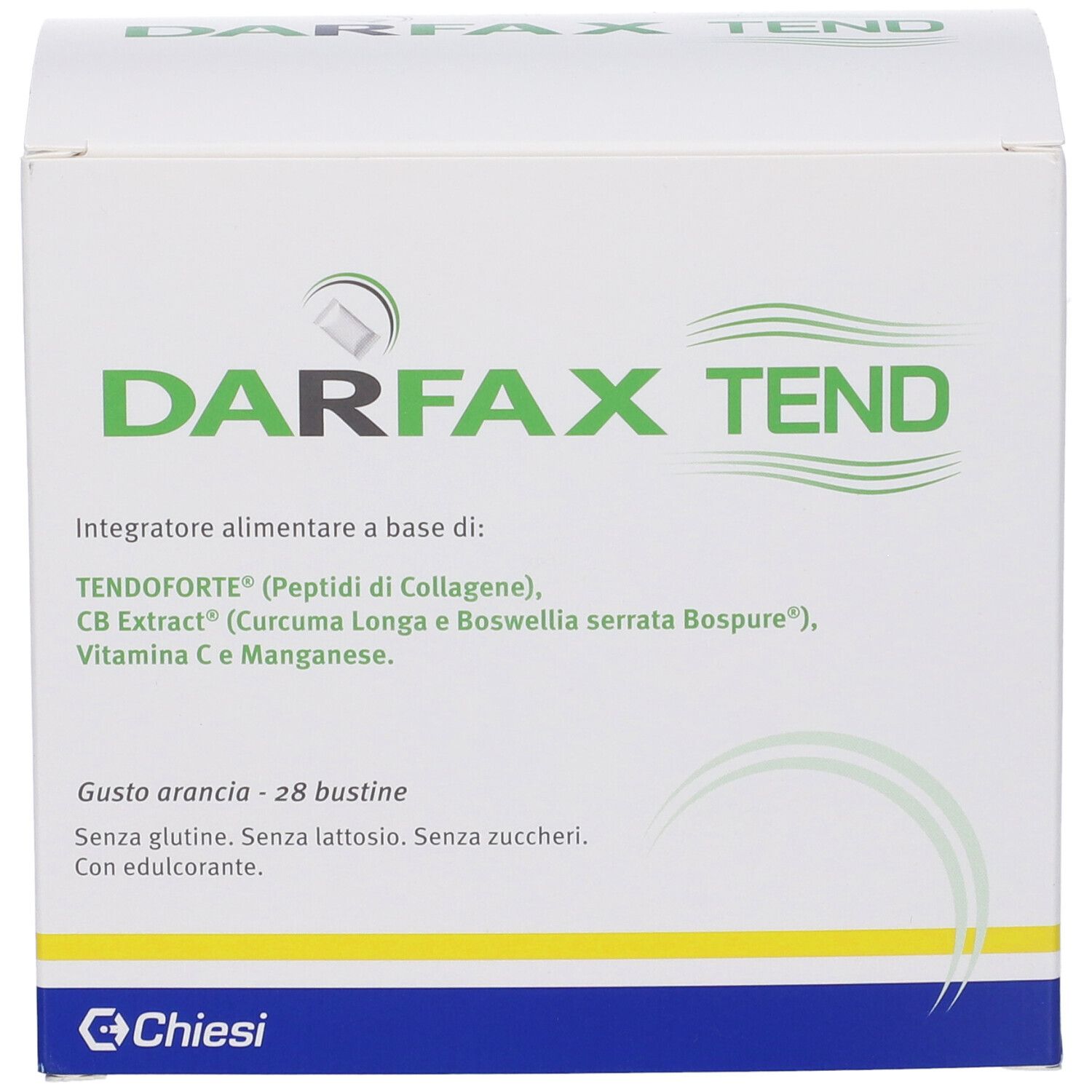 Scatola Darfax Tend. Scritto: Darfax Tend, 28 bustine, senza zucchero. Logo Chiesi.