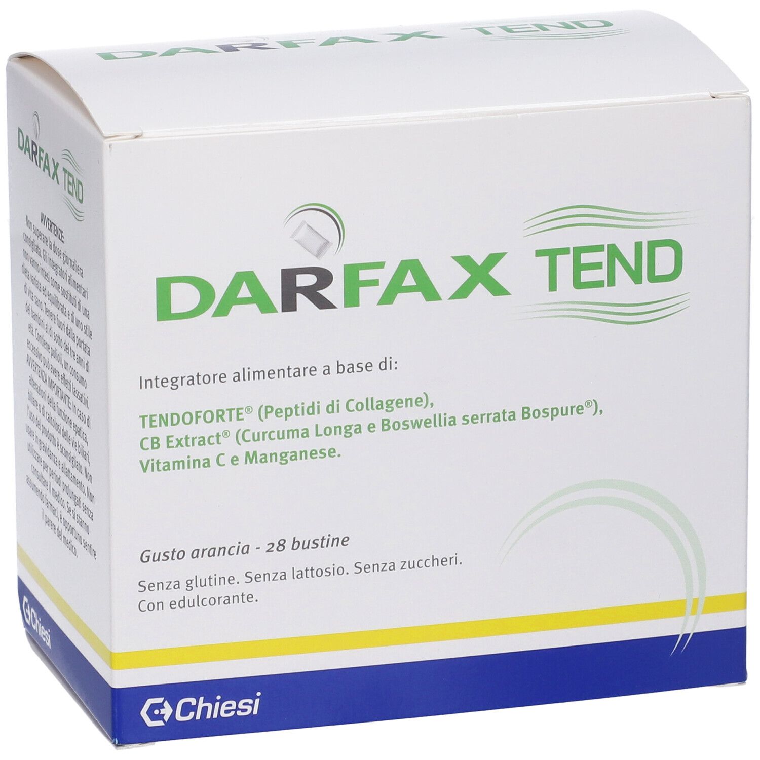 Scatola Darfax Tend. Scritto: Darfax Tend, 28 bustine, senza zucchero. Logo Chiesi.