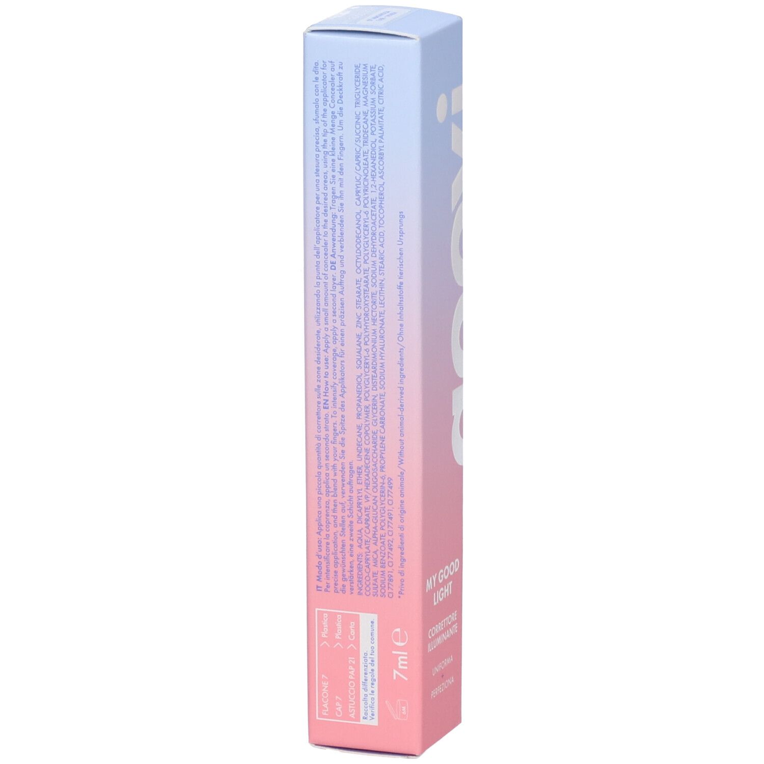 Vista laterale della confezione GOOVI. Sfumatura rosa-blu. Testo: 7ml e. Contiene testo sugli ingredienti.