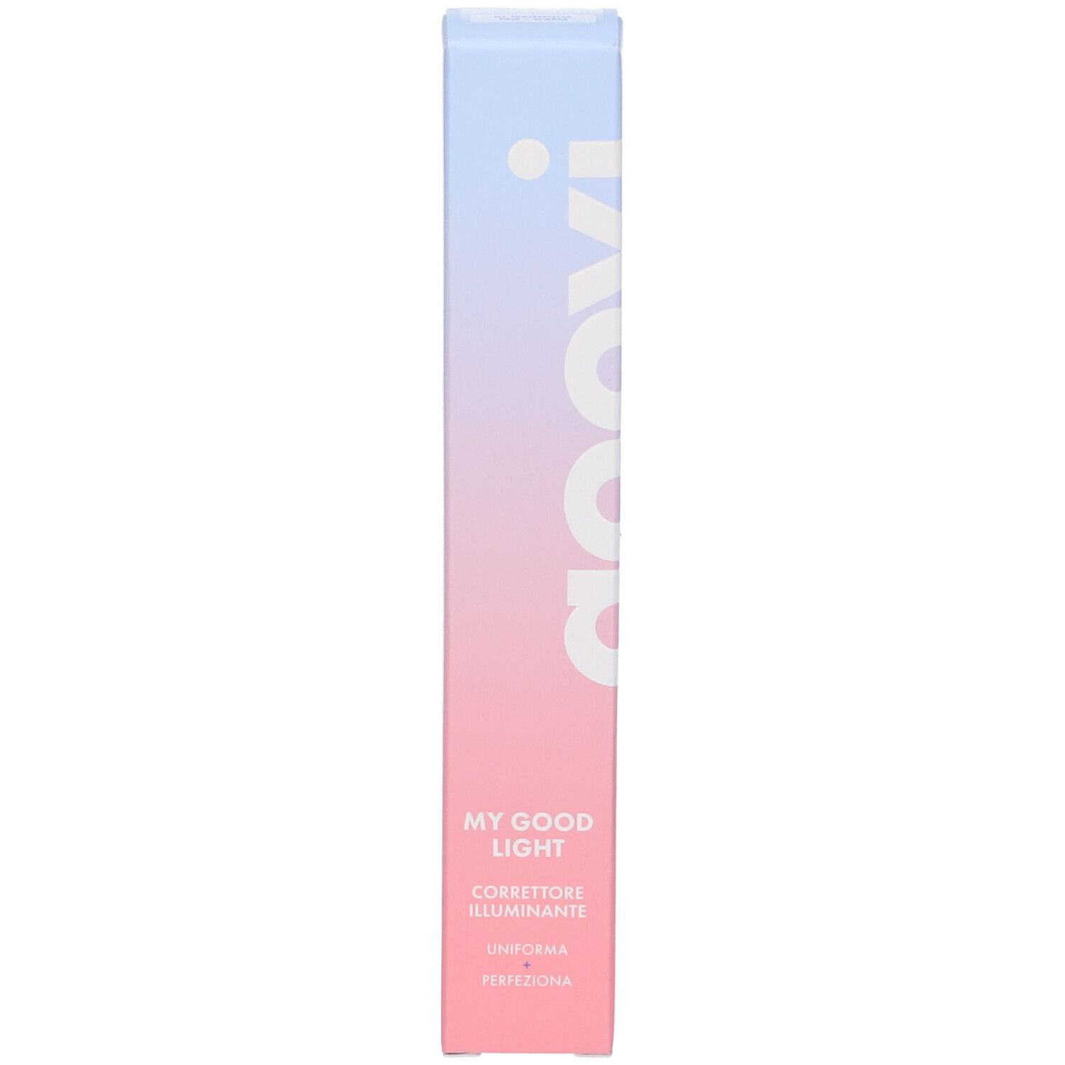 Confezione GOOVI. Sfumatura rosa-blu. Testo: GOOVI, MY GOOD LIGHT, CORRETTORE ILLUMINANTE, UNIFORMA, PERFEZIONA.