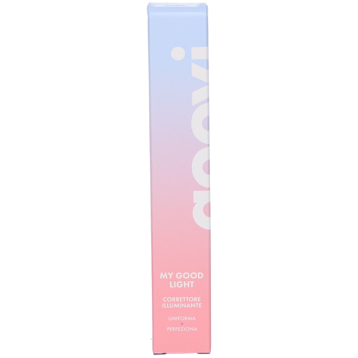 Confezione GOOVI. Sfumatura rosa-blu. Testo: GOOVI, MY GOOD LIGHT, CORRETTORE ILLUMINANTE, UNIFORMA PERFEZIONA.