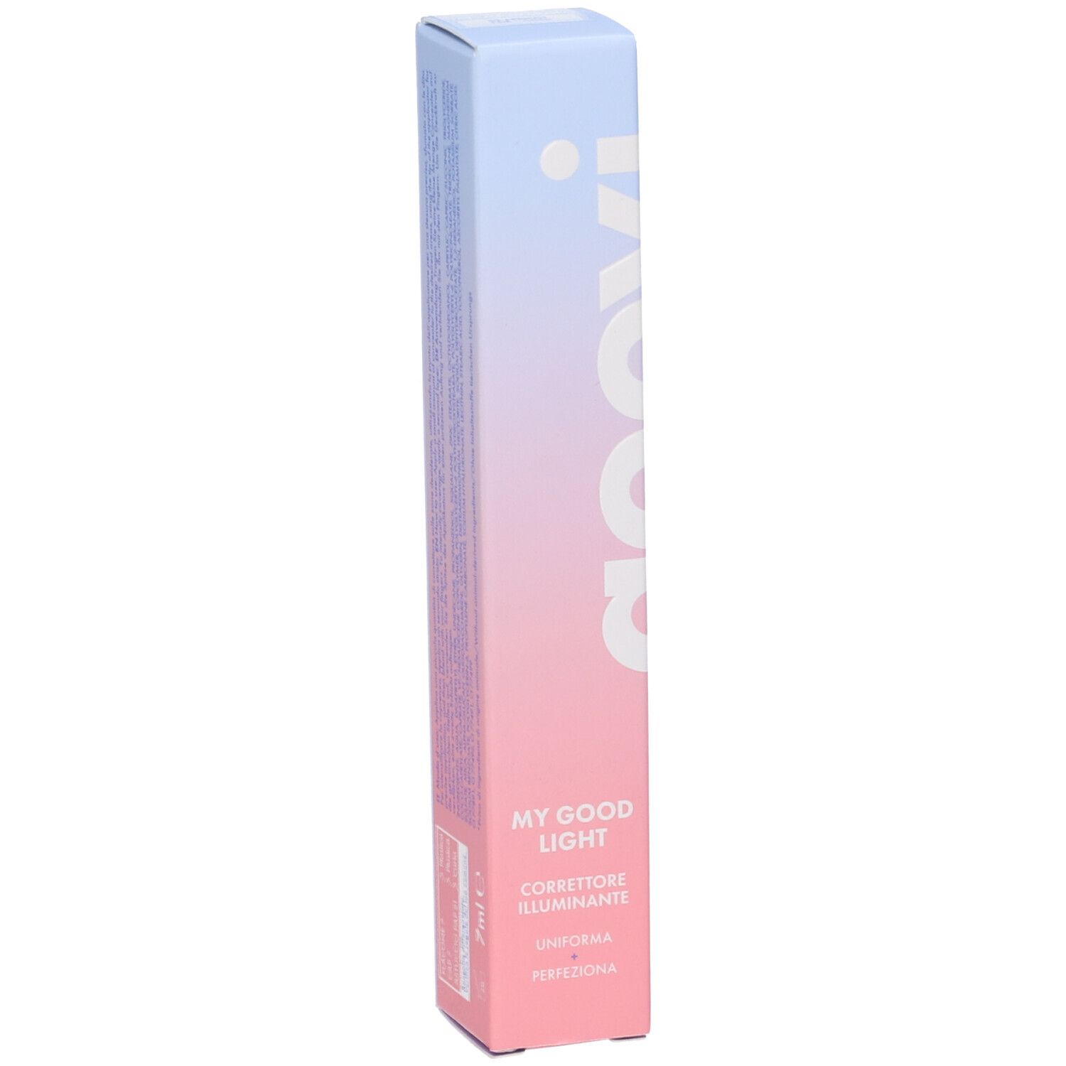 Confezione GOOVI. Sfumatura rosa-blu. Testo: GOOVI, MY GOOD LIGHT, CORRETTORE ILLUMINANTE, UNIFORMA PERFEZIONA.