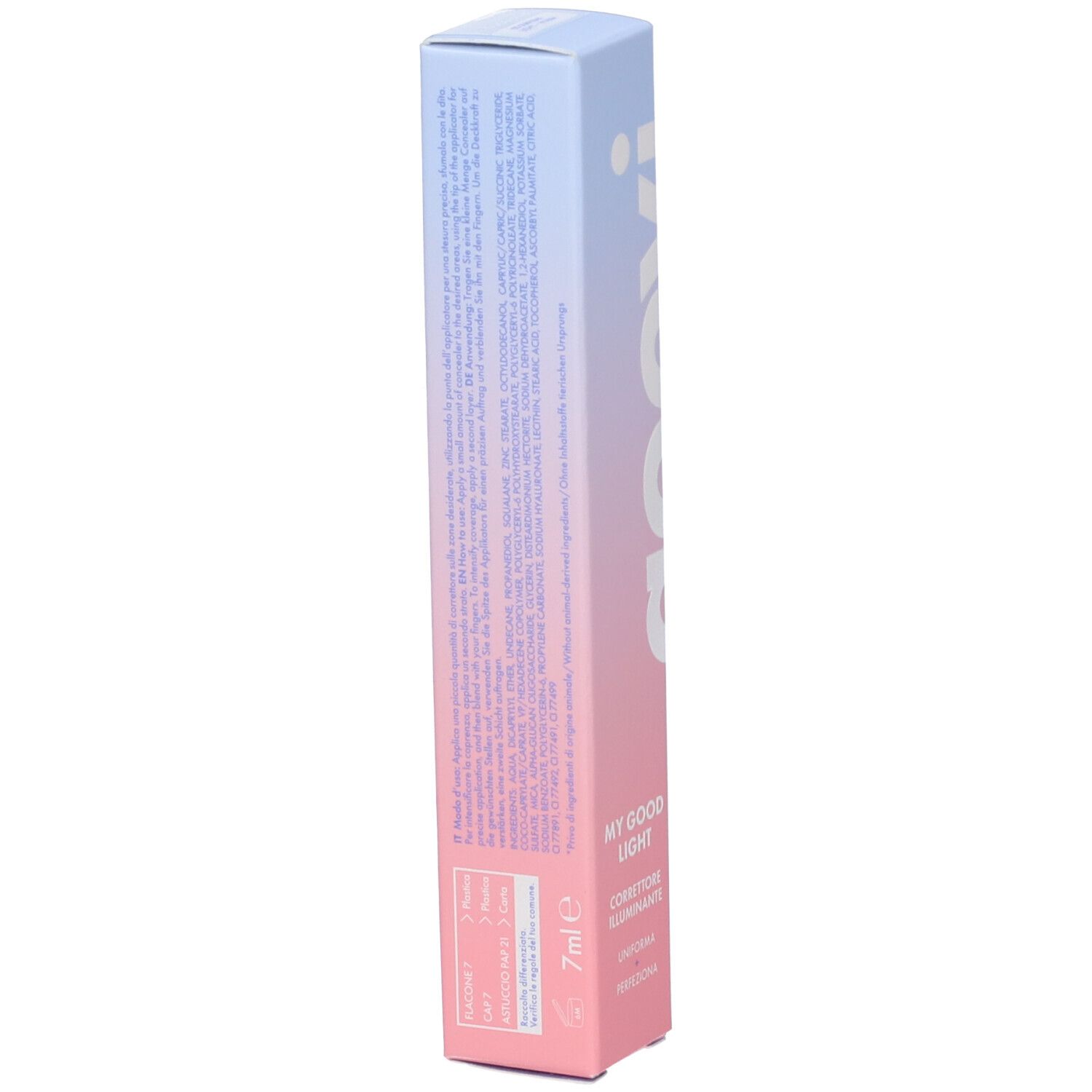 Confezione del correttore GOOVI 03, lato con testo. Sfumatura rosa e blu. Scritte: GOOVI, MY GOOD LIGHT, 7ml.
