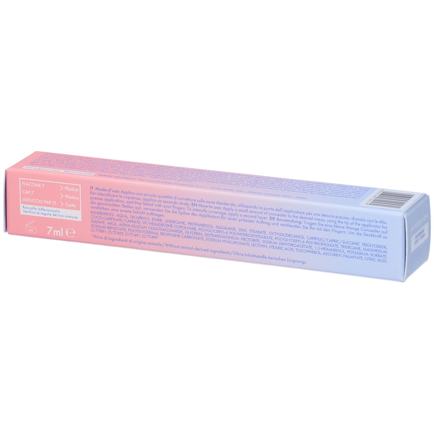 Confezione del correttore GOOVI 03, retro con testo. Sfumatura rosa e blu. Scritta: 7ml.