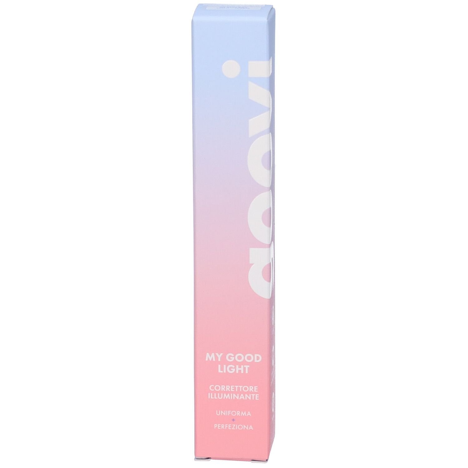 Concealer GOOVI 03 in confezione. Sfumatura rosa e blu. Scritte: GOOVI, MY GOOD LIGHT, Corrector Illuminante, 7ml.