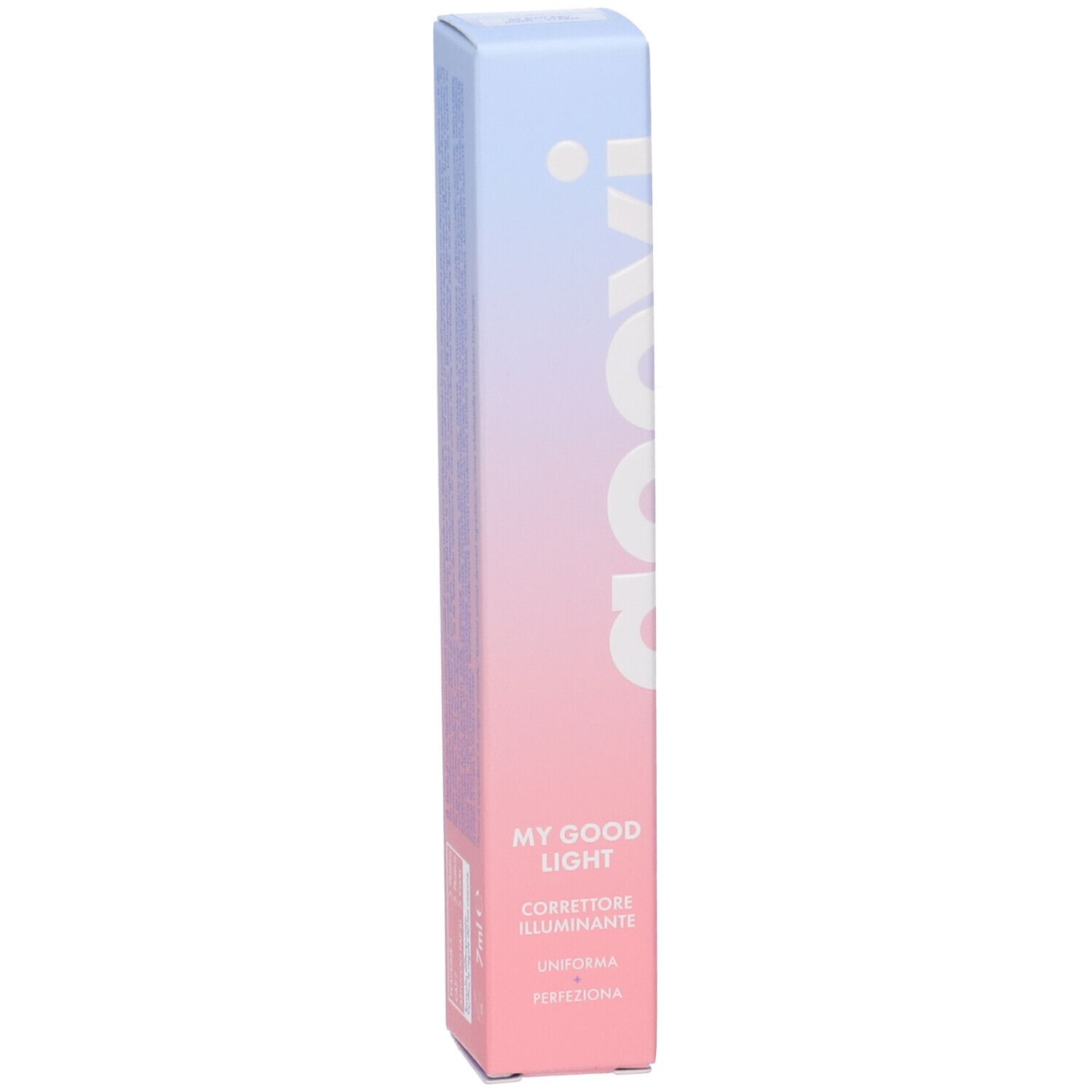 Concealer GOOVI 03 in confezione. Sfumatura rosa e blu. Scritte: GOOVI, MY GOOD LIGHT, Corrector Illuminante, 7ml.