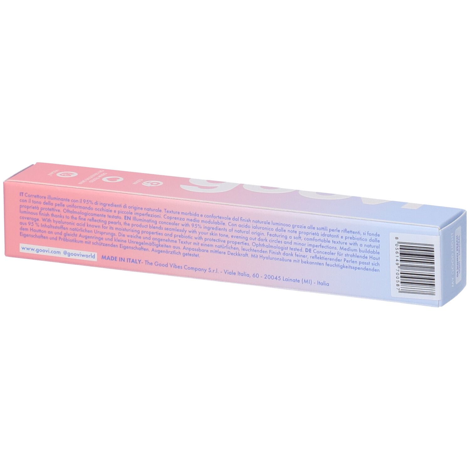 Confezione GOOVI sfumata rosa-azzurro. Scritta: GOOVI. Testo. Sotto: www.goovi.com, Made in Italy. Codice a barre.