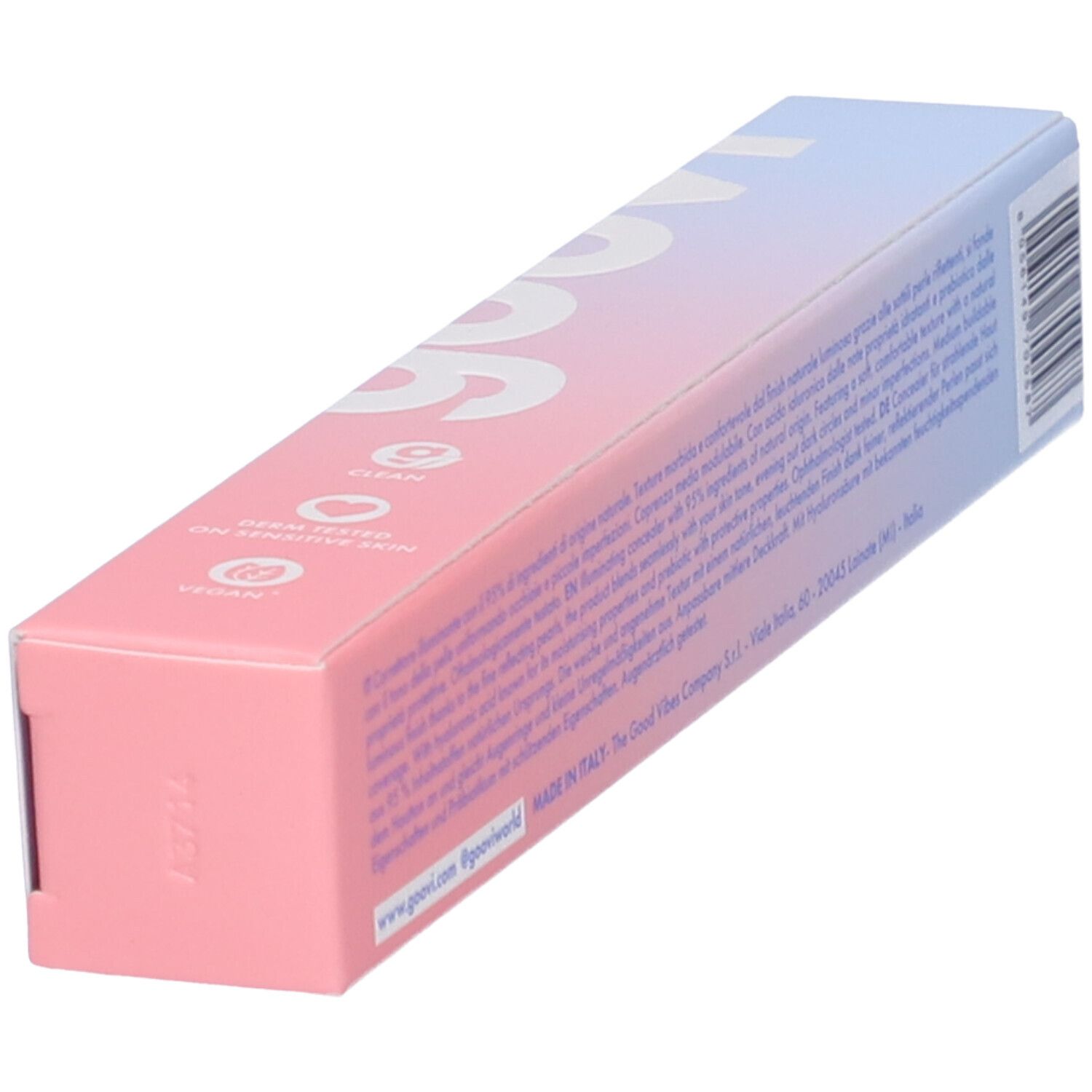 Confezione GOOVI sfumata rosa-azzurro. Scritta: GOOVI. Testo. Scritta: Clean, Vegan. Made in Italy. Codice a barre.