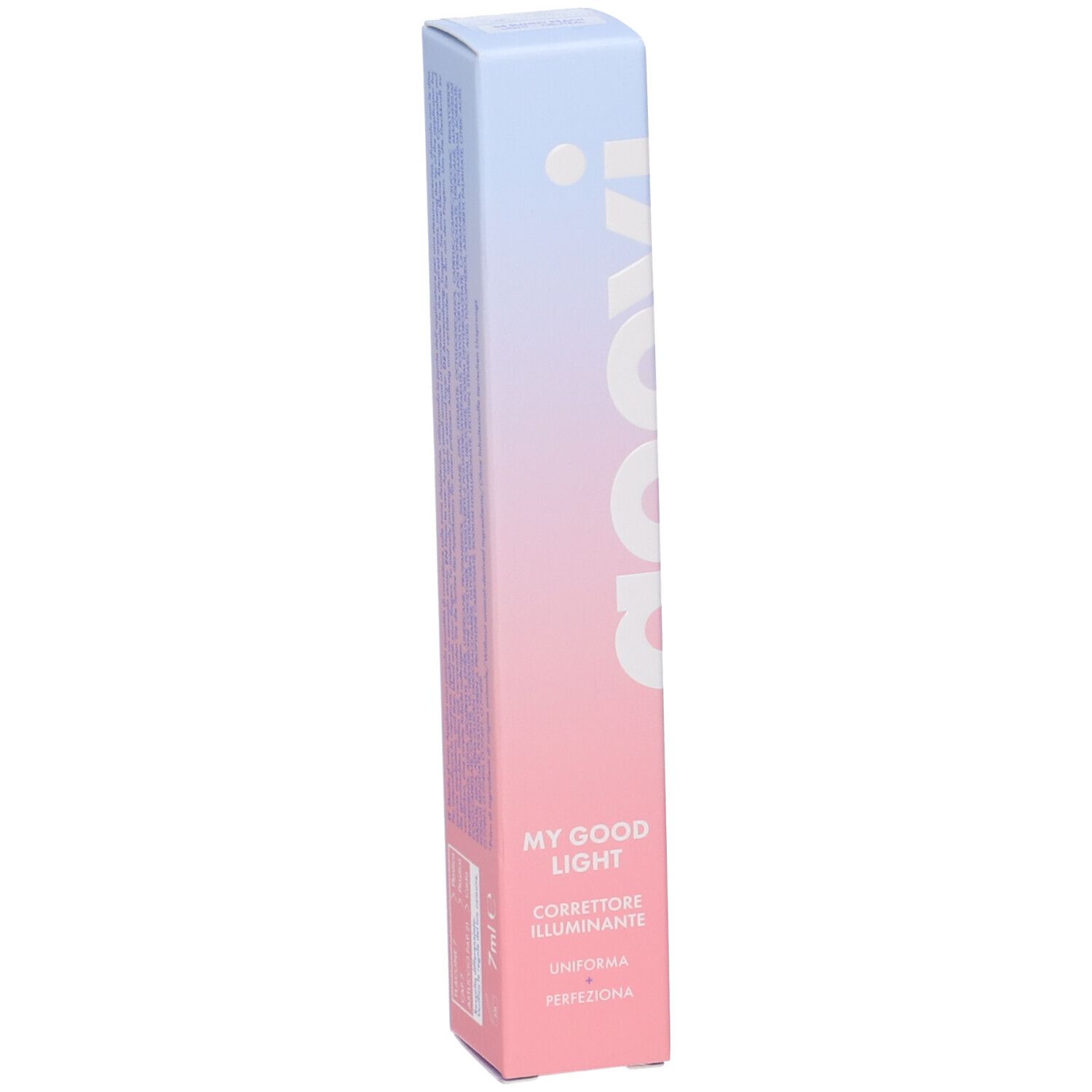 Confezione GOOVI sfumata rosa-azzurro. Scritta: GOOVI, MY GOOD LIGHT, correttore. Sotto: 7ml.
