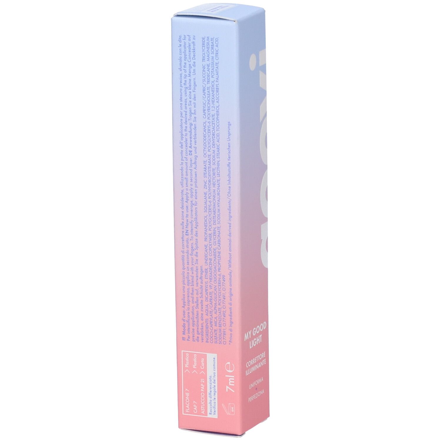 Lato confezione GOOVI Concealer. Sfumatura rosa e blu. Testo e indicazione 7ml.