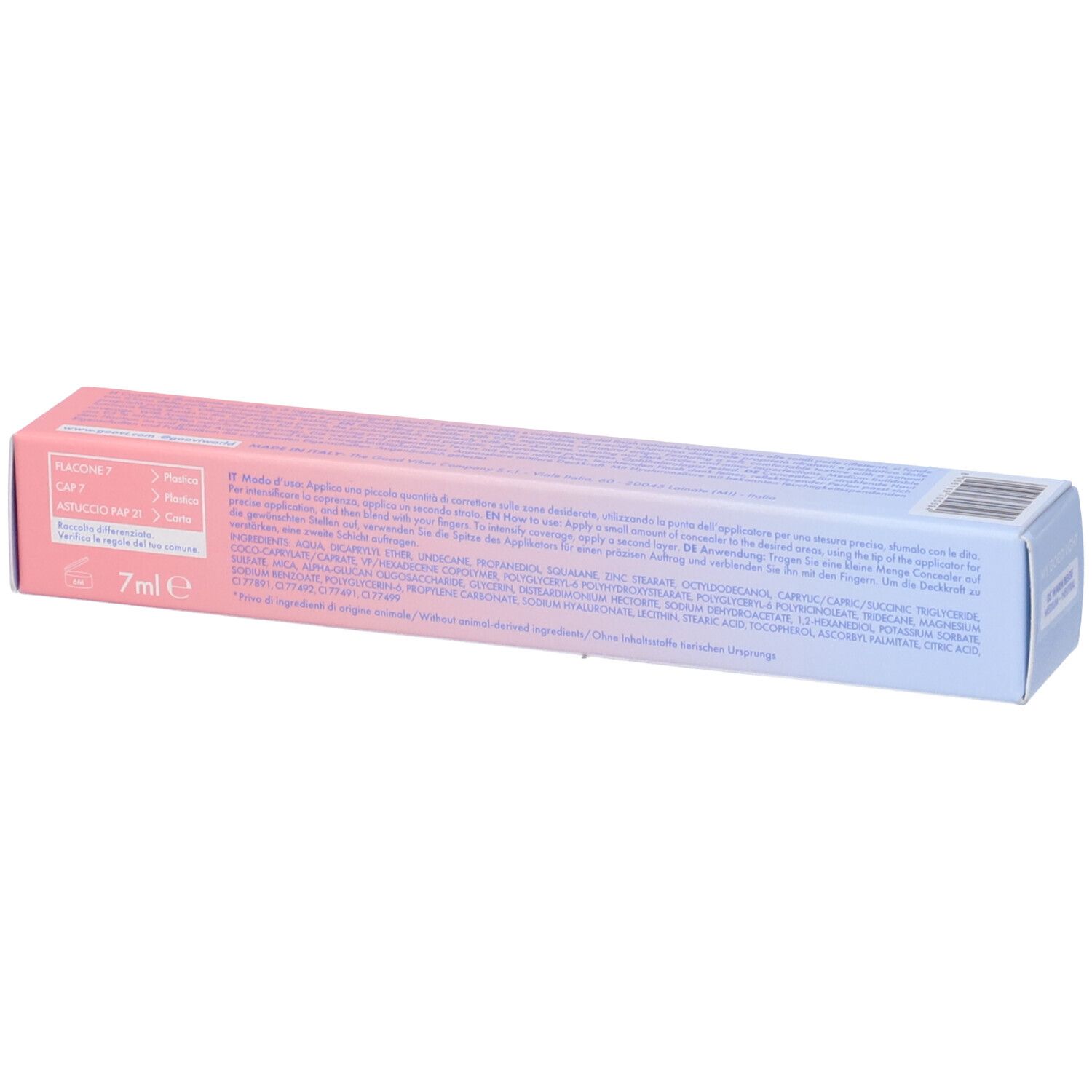 Retro confezione GOOVI Concealer. Sfumatura rosa e blu. Testo e codice a barre.