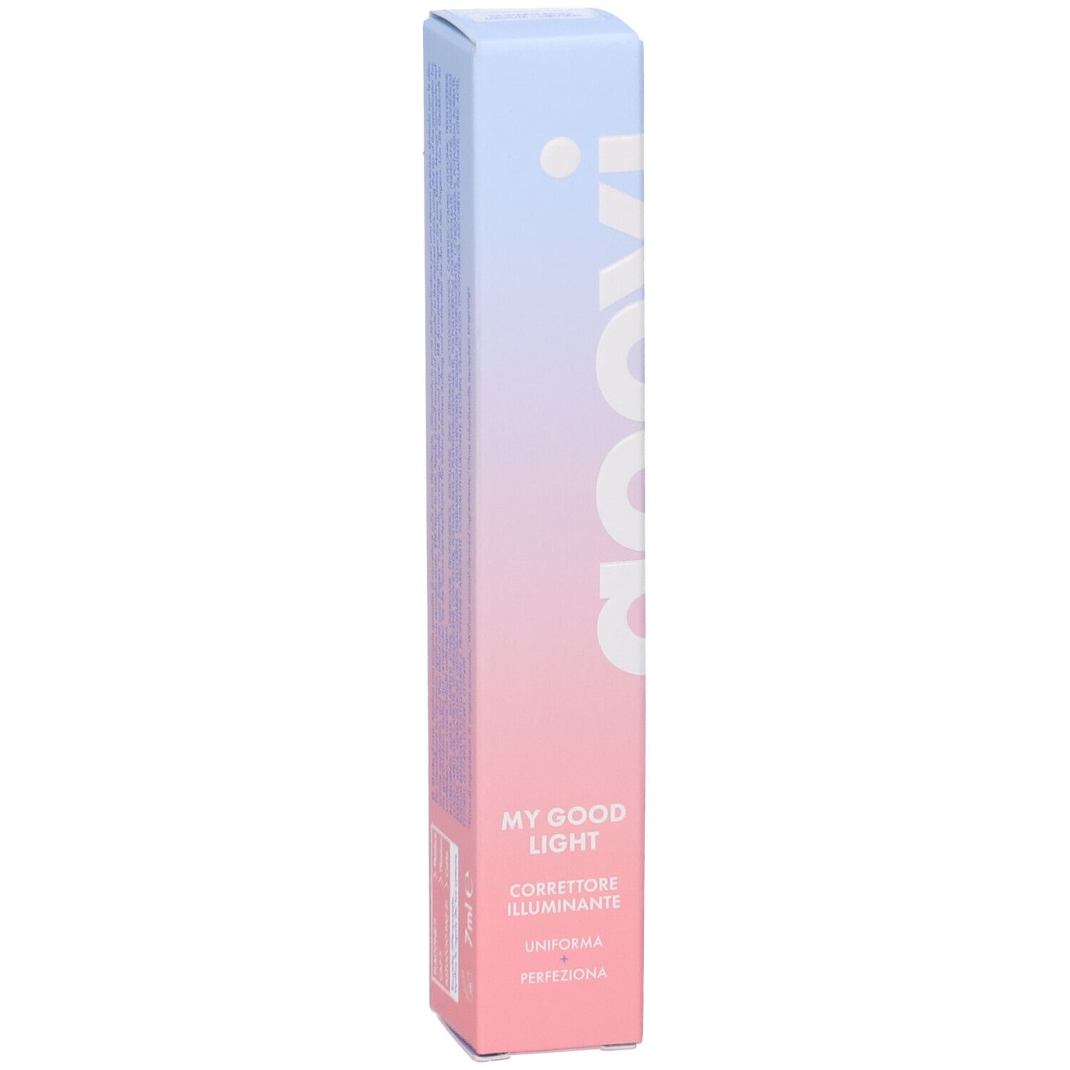 Confezione GOOVI Concealer. Sfumatura rosa e blu. Scritte GOOVI, MY GOOD LIGHT, Corrector Illuminante.