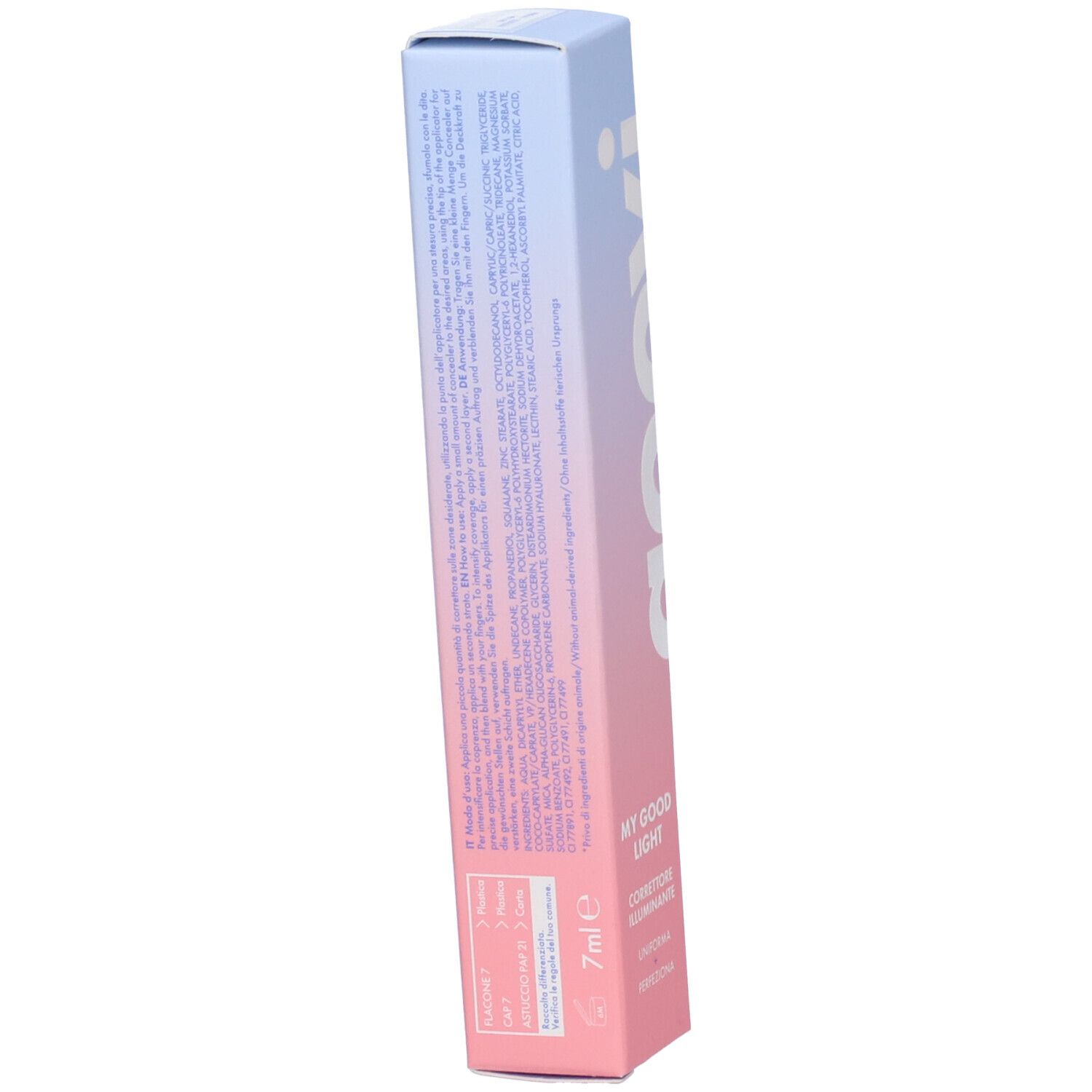 Confezione GOOVI Concealer, angolata. Sfumatura rosa e blu. Testo e informazioni sul prodotto sulla confezione.