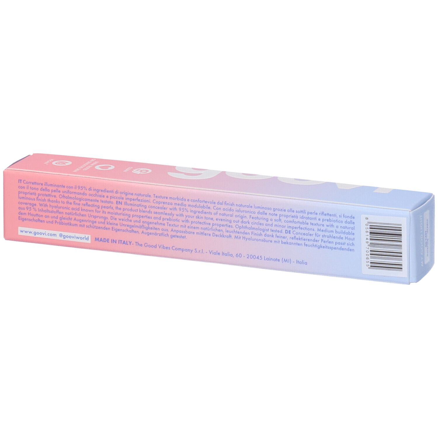Retro confezione GOOVI Concealer. Sfumatura rosa e blu. Testo e codice a barre. MADE IN ITALY.