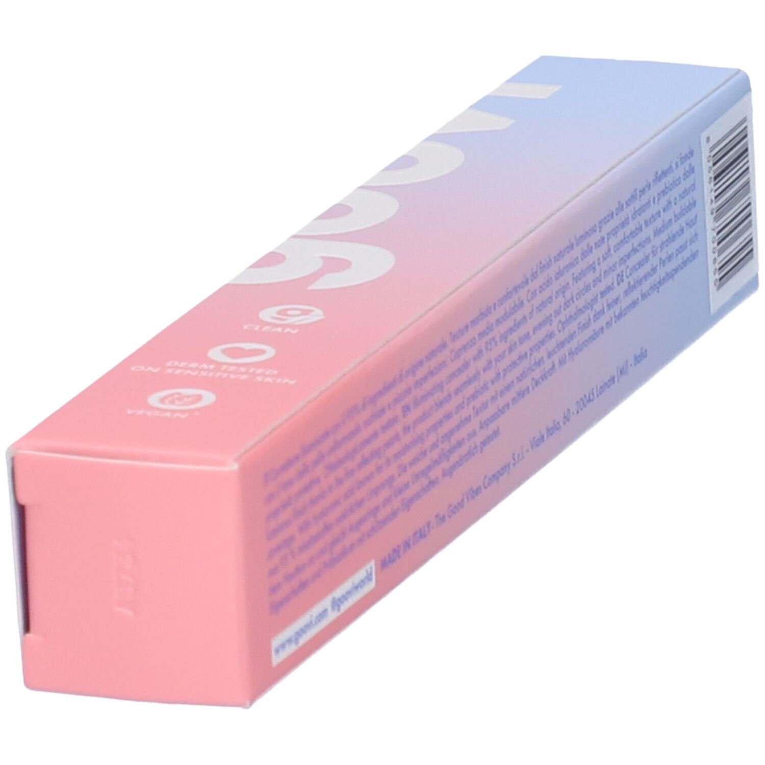 Confezione GOOVI Concealer, angolata. Sfumatura rosa e blu. Testo e codice a barre. MADE IN ITALY.