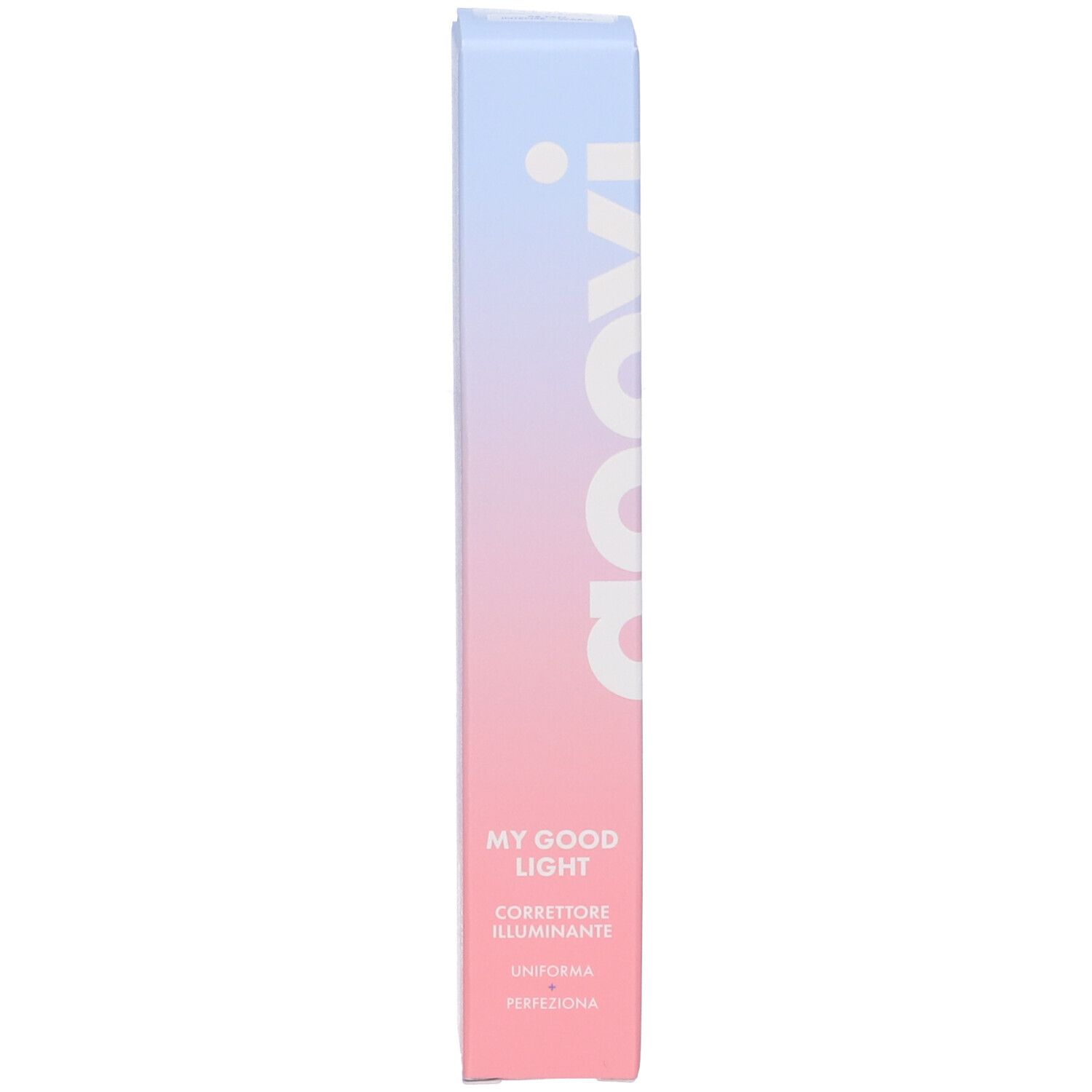 Confezione GOOVI Concealer. Sfumatura rosa e blu. Testo: MY GOOD LIGHT, CORRETTORE ILLUMINANTE, UNIFORMA PERFEZIONA.