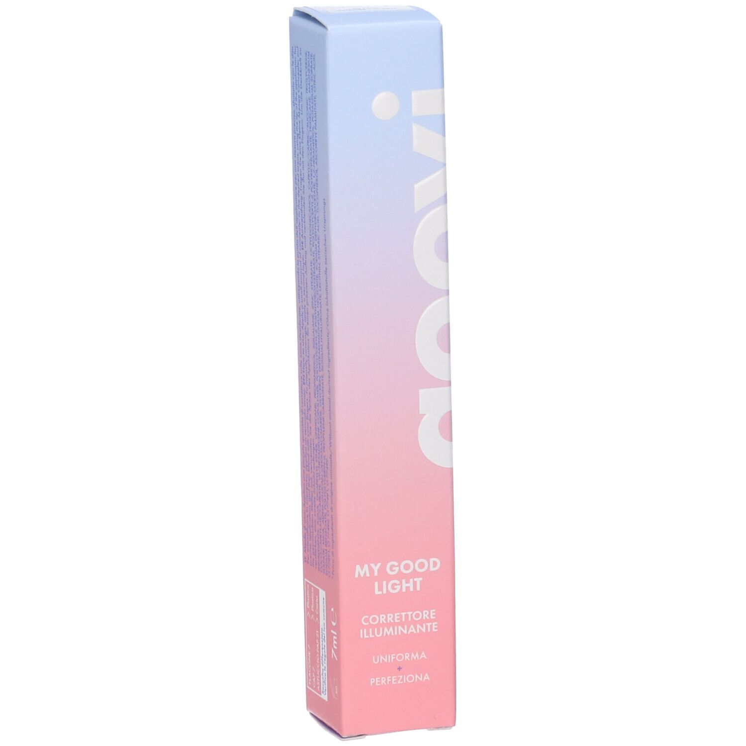 Confezione GOOVI Concealer, angolata. Sfumatura rosa e blu. Testo: MY GOOD LIGHT, CORRETTORE ILLUMINANTE, UNIFORMA PERFEZIONA.
