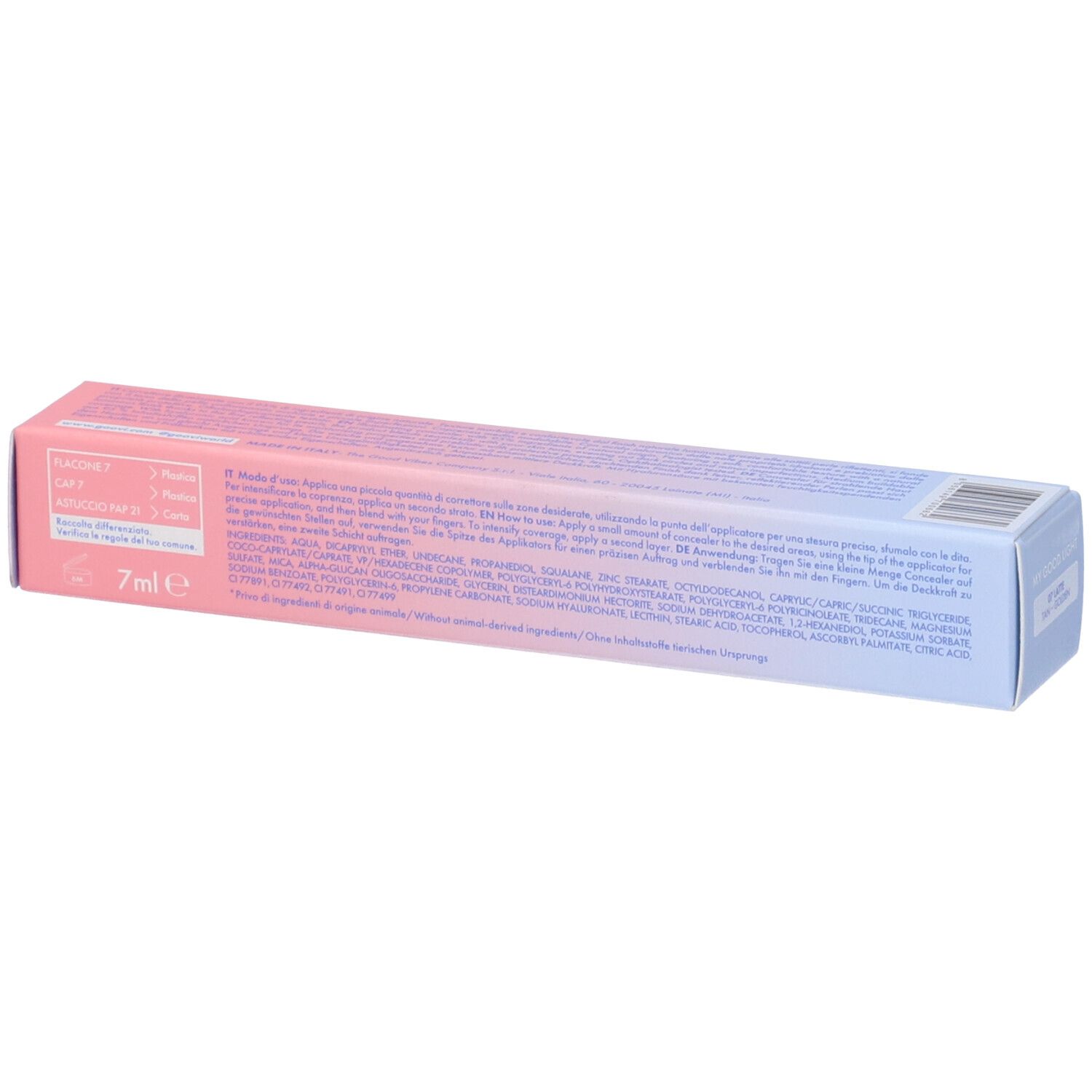 Retro della confezione GOOVI Concealer. Testo e informazioni sul contenuto. Sfumatura rosa e blu. 7ml.