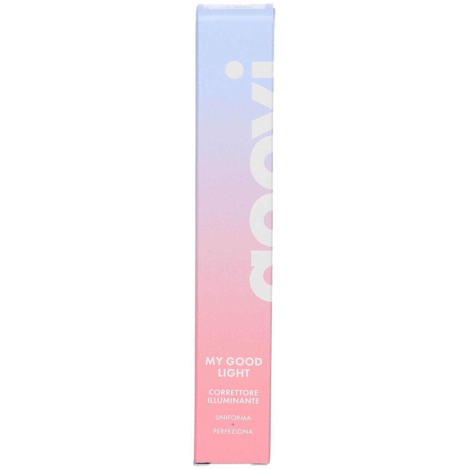 Confezione GOOVI Concealer. Sfumatura rosa e blu. Testo: MY GOOD LIGHT, CORRETTORE ILLUMINANTE, UNIFORMA, PERFEZIONA.