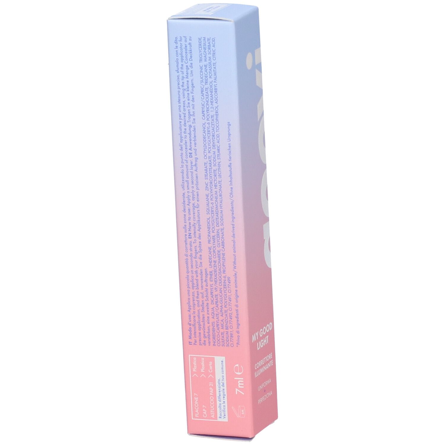 Confezione GOOVI. Scritta: MY GOOD LIGHT, 7ml. Testo con ingredienti. Sfumatura rosa-blu.