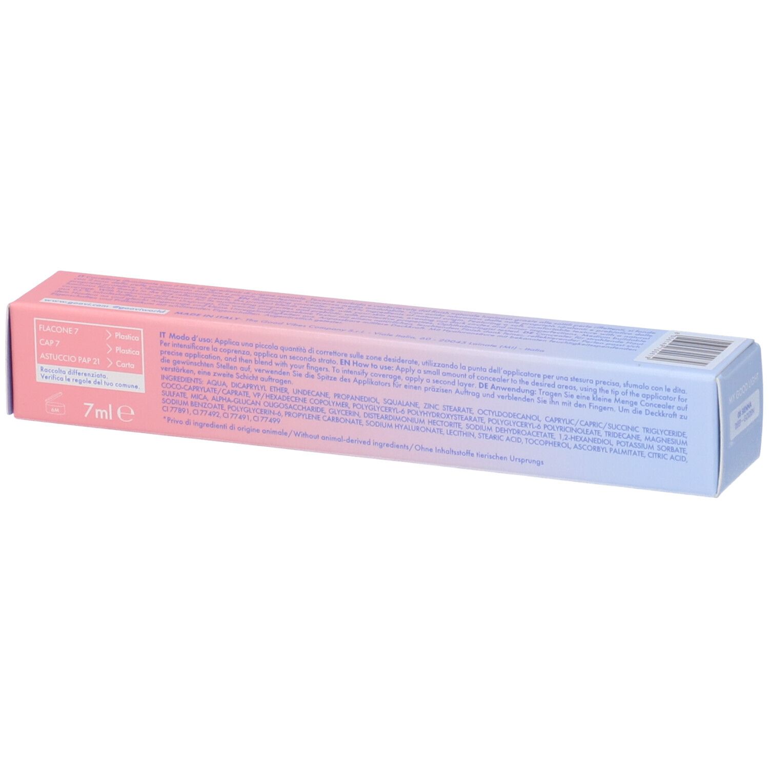 Confezione GOOVI. Scritta: MY GOOD LIGHT, 7ml. Testo con ingredienti. Sfumatura rosa-blu.