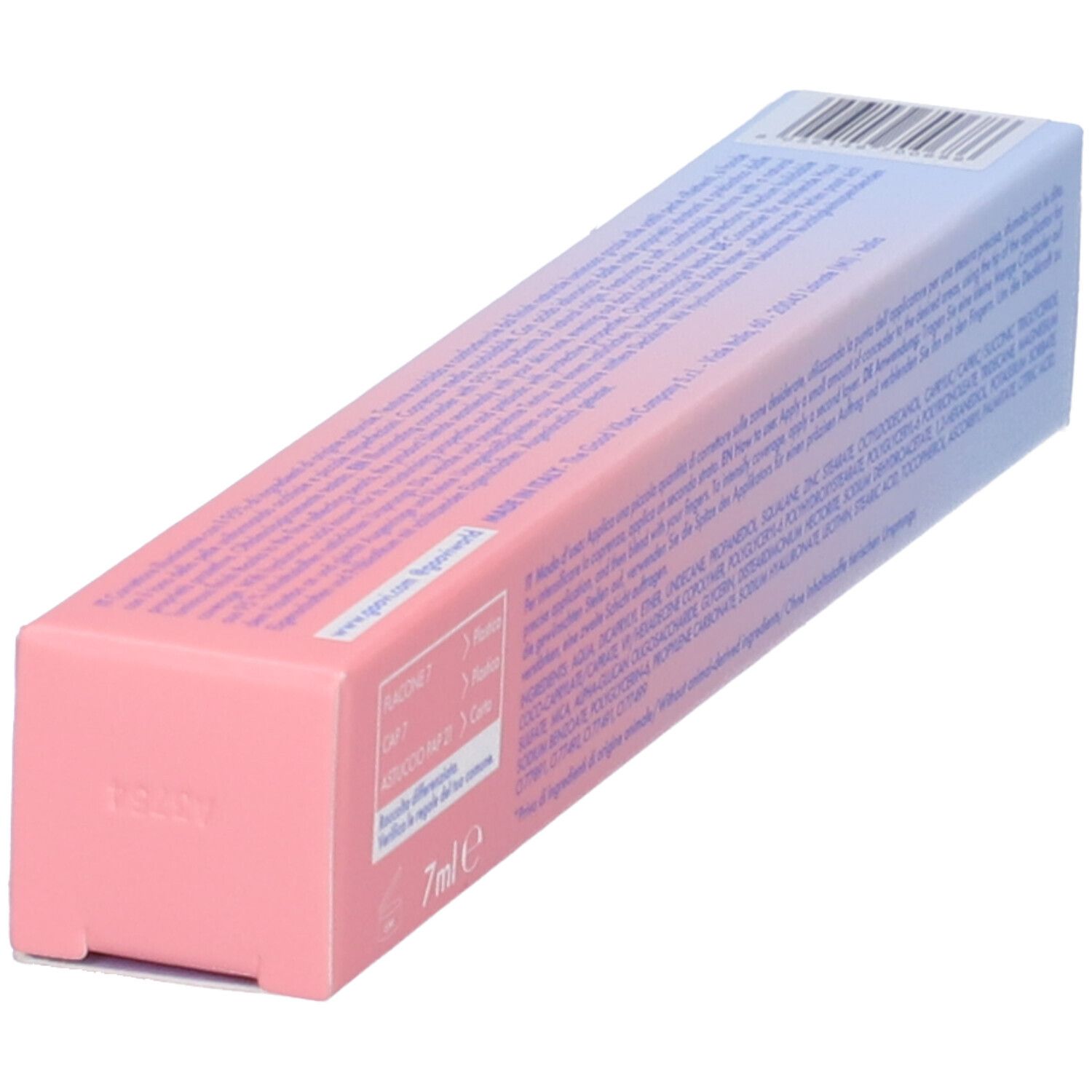 Confezione GOOVI. Retro con testo. Scritta: 7ml. Sfumatura rosa-blu.