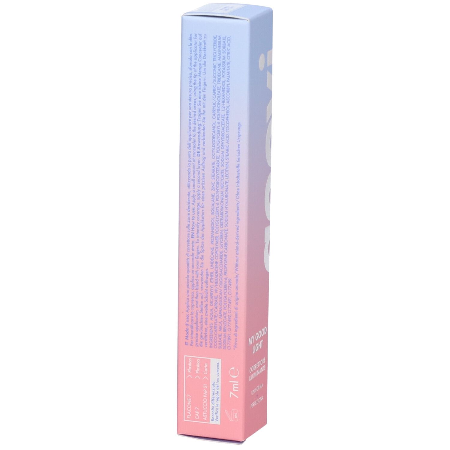 Retro confezione GOOVI. Sfumatura rosa e blu. Testo multilingue. Volume: 7ml.