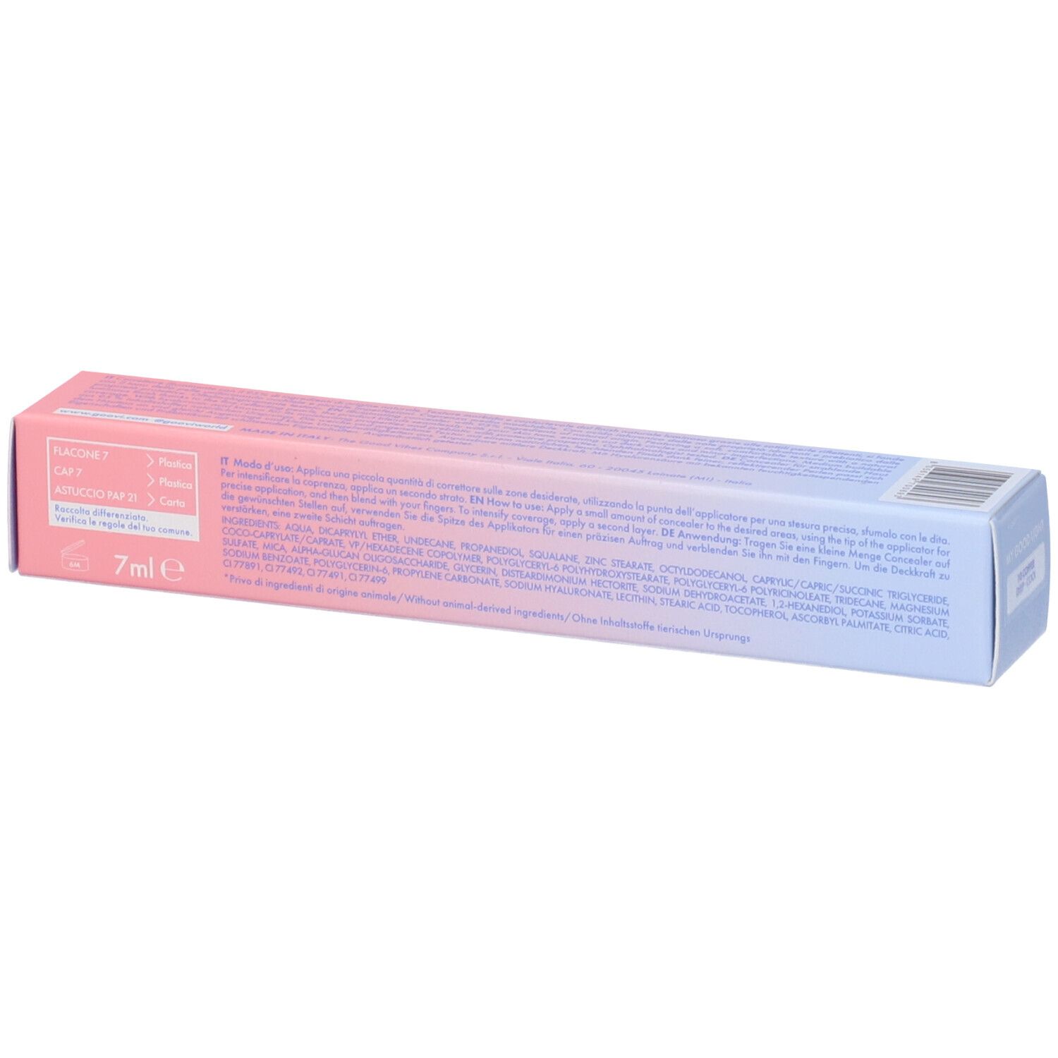 Parte superiore confezione GOOVI. Sfumatura rosa e blu. Testo e codice a barre. Volume: 7ml.