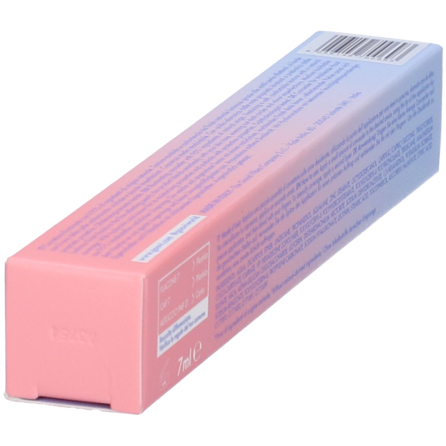 Confezione GOOVI in diagonale. Sfumatura rosa e blu. Testo e codice a barre. Volume: 7ml.