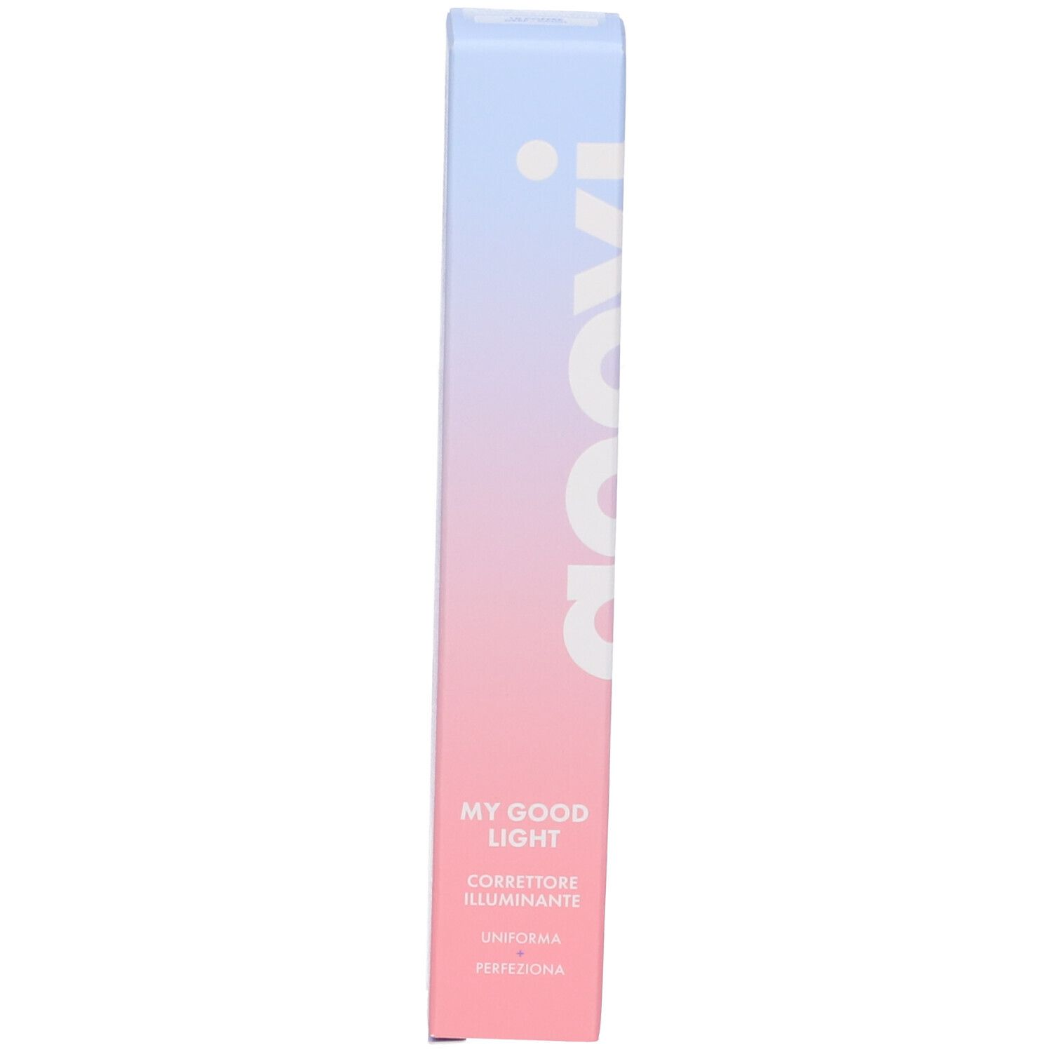 Confezione GOOVI. Sfumatura rosa e blu. Scritta GOOVI, MY GOOD LIGHT, Corrector Illuminante.