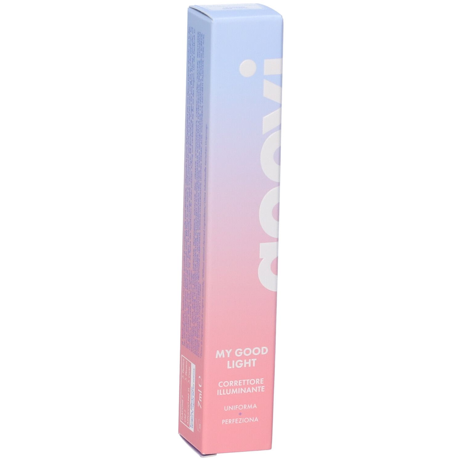 Confezione GOOVI. Sfumatura rosa e blu. Scritta GOOVI, MY GOOD LIGHT, Corrector Illuminante.