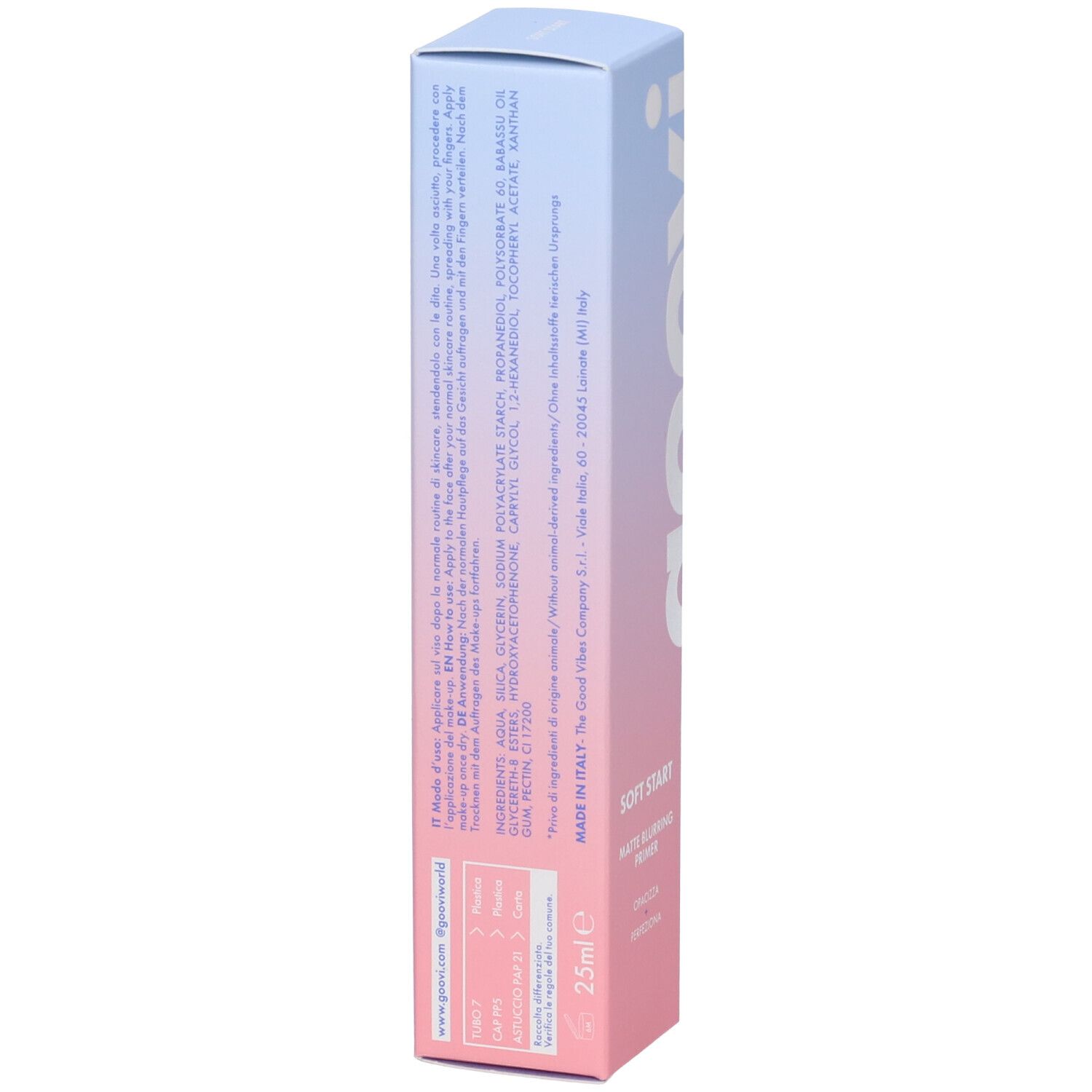 Confezione con ingredienti e informazioni produttore. Scritta: SOFT START MATTE BLURRING PRIMER. 25ml.