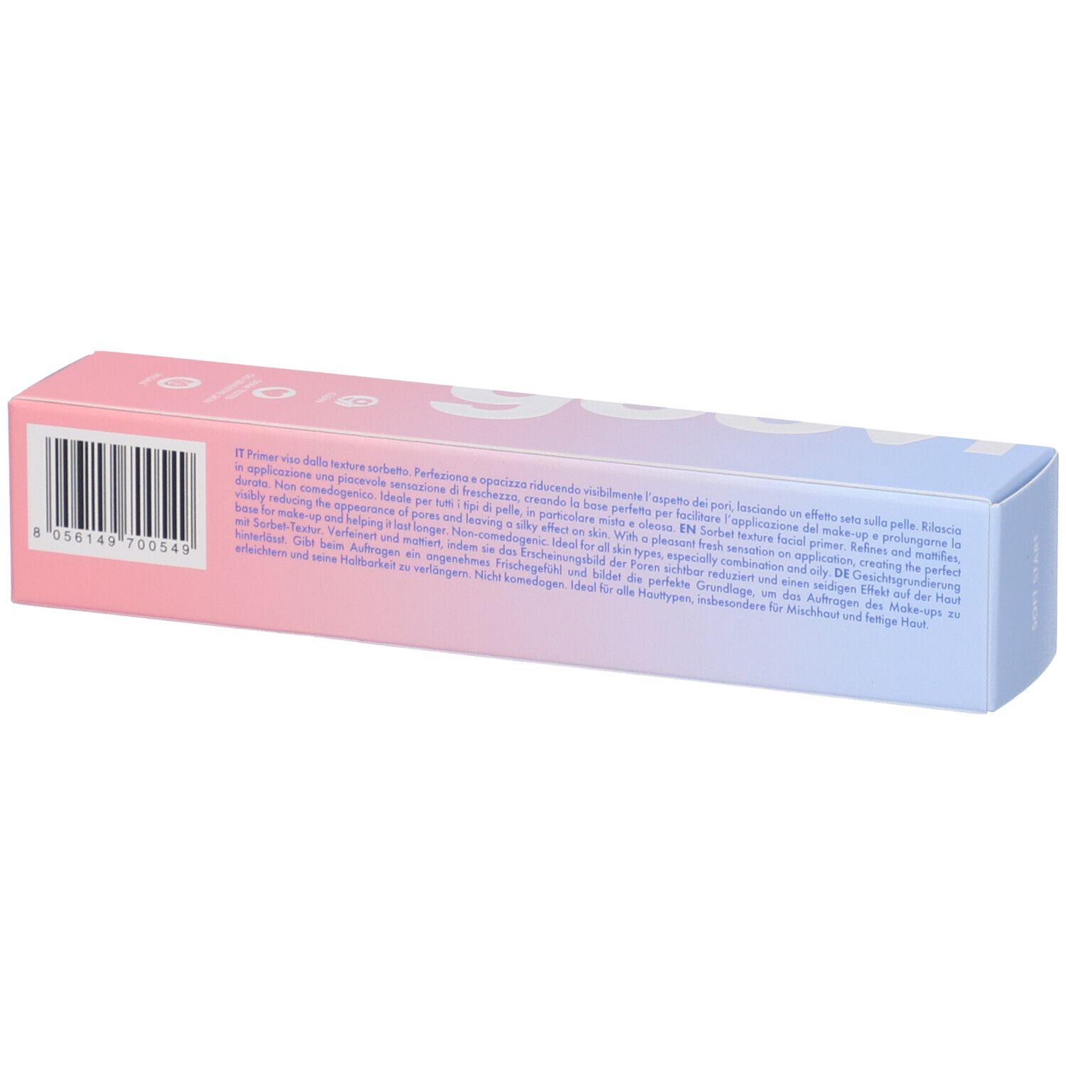Confezione con codice a barre e testo. Sfumatura rosa-blu. Scritta: GOOVI. Testo multilingue.