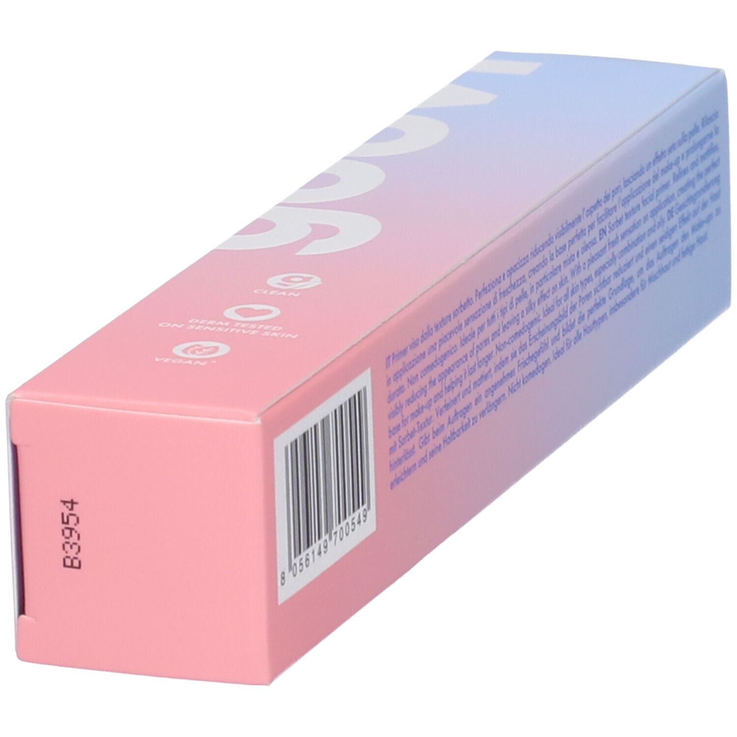 Confezione con codice a barre e testo. Sfumatura rosa-blu. Scritta: GOOVI. Angolo con codice B3954.