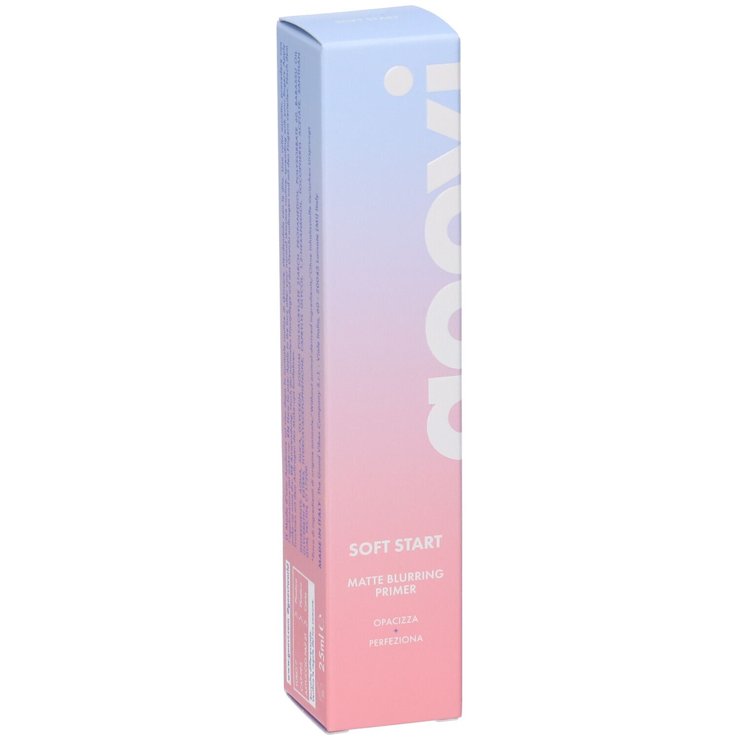 Confezione con testo. Scritta: SOFT START MATTE BLURRING PRIMER. Sfumatura rosa-blu. Logo GOOVI.