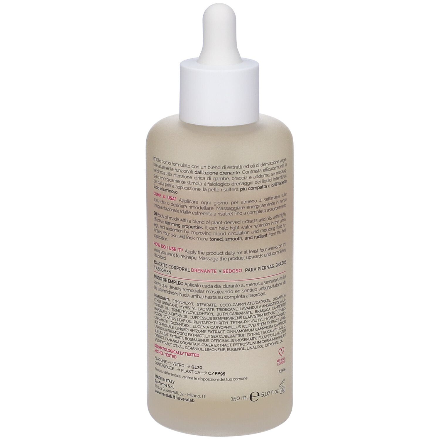 Veralab Reshaper Body Oil. Retro del flacone. Testo e ingredienti.