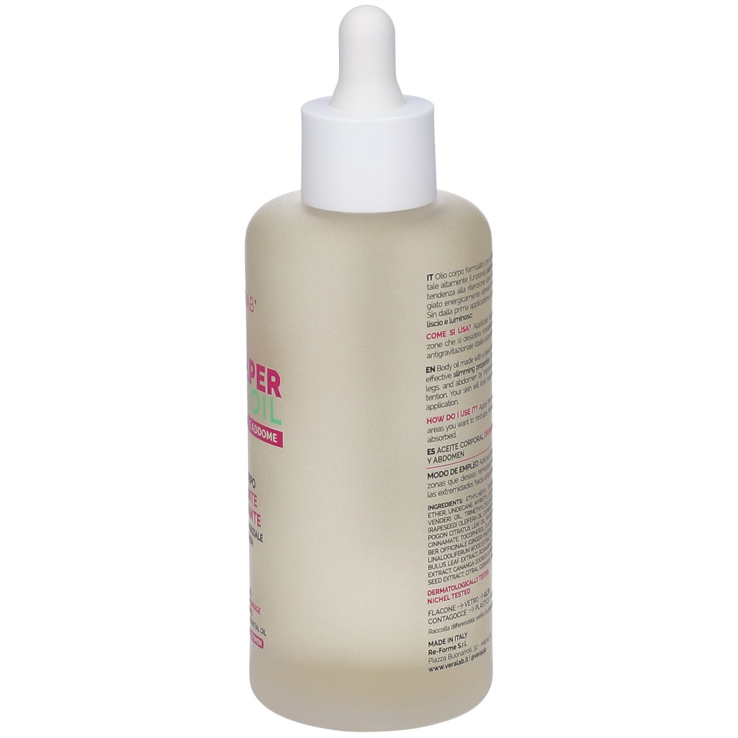 Veralab Reshaper Body Oil. Retro del flacone. Testo e ingredienti.