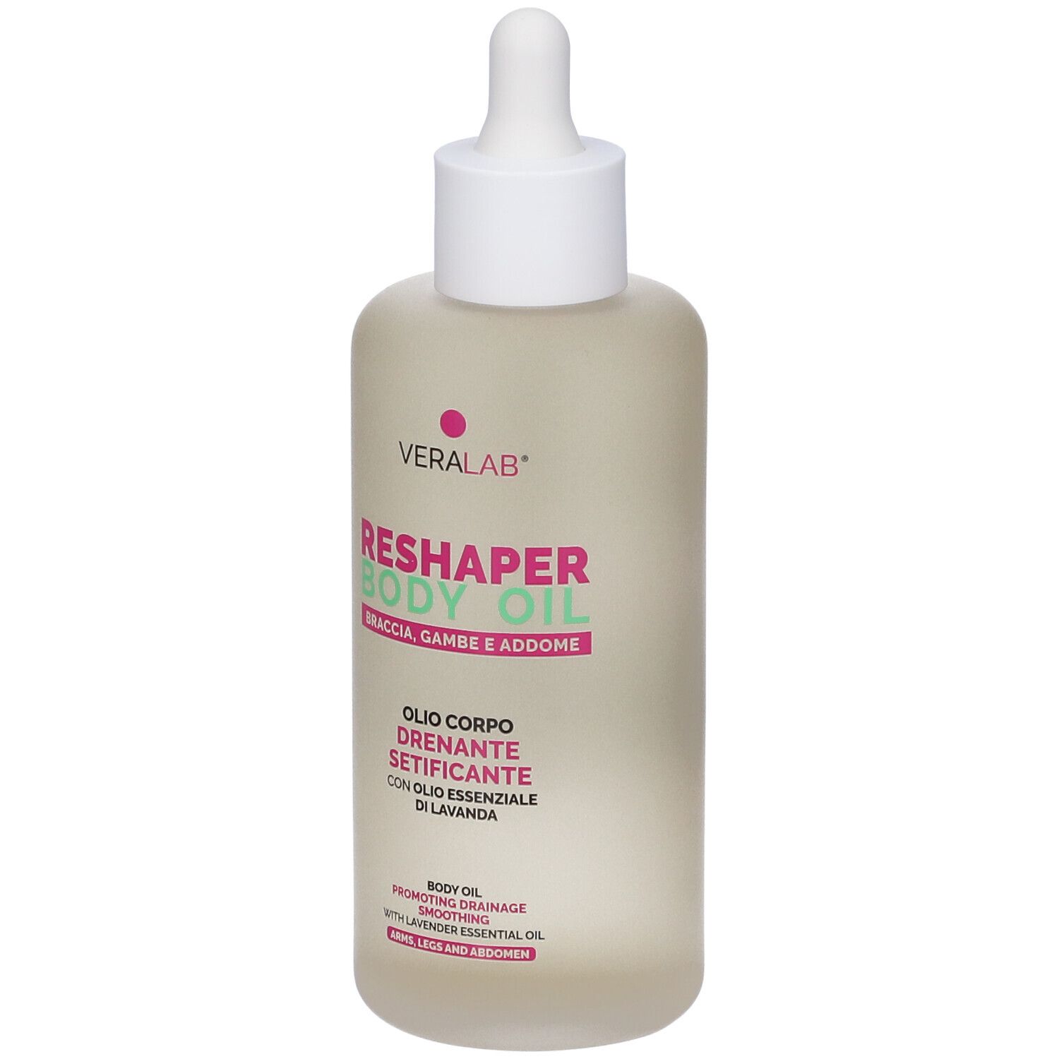 Veralab Reshaper Body Oil. Flacone con contagocce. Testo: Reshaper Body Oil, Olio Corpo, Drenante, Setificante.