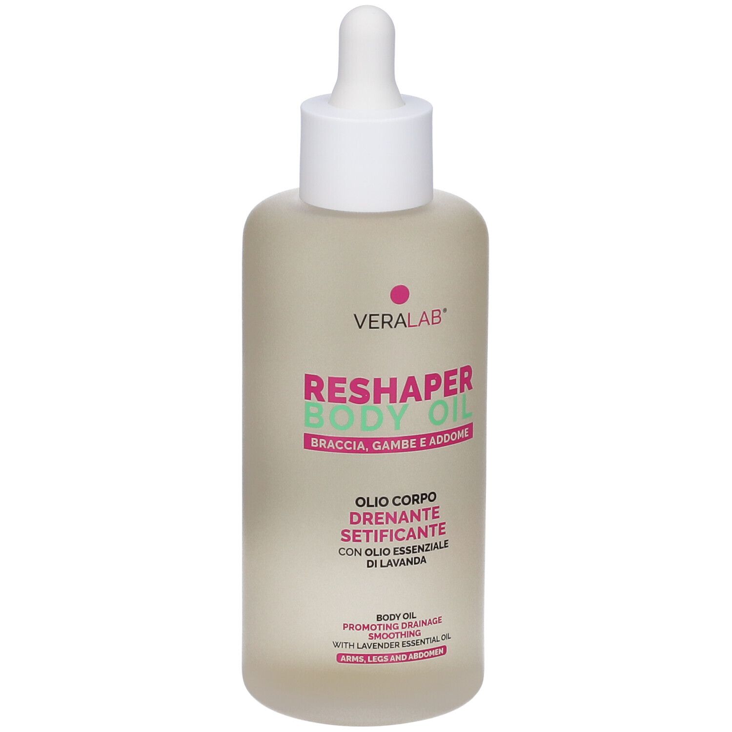 Veralab Reshaper Body Oil. Flacone con contagocce. Testo: Reshaper Body Oil, Olio Corpo, Drenante, Setificante.