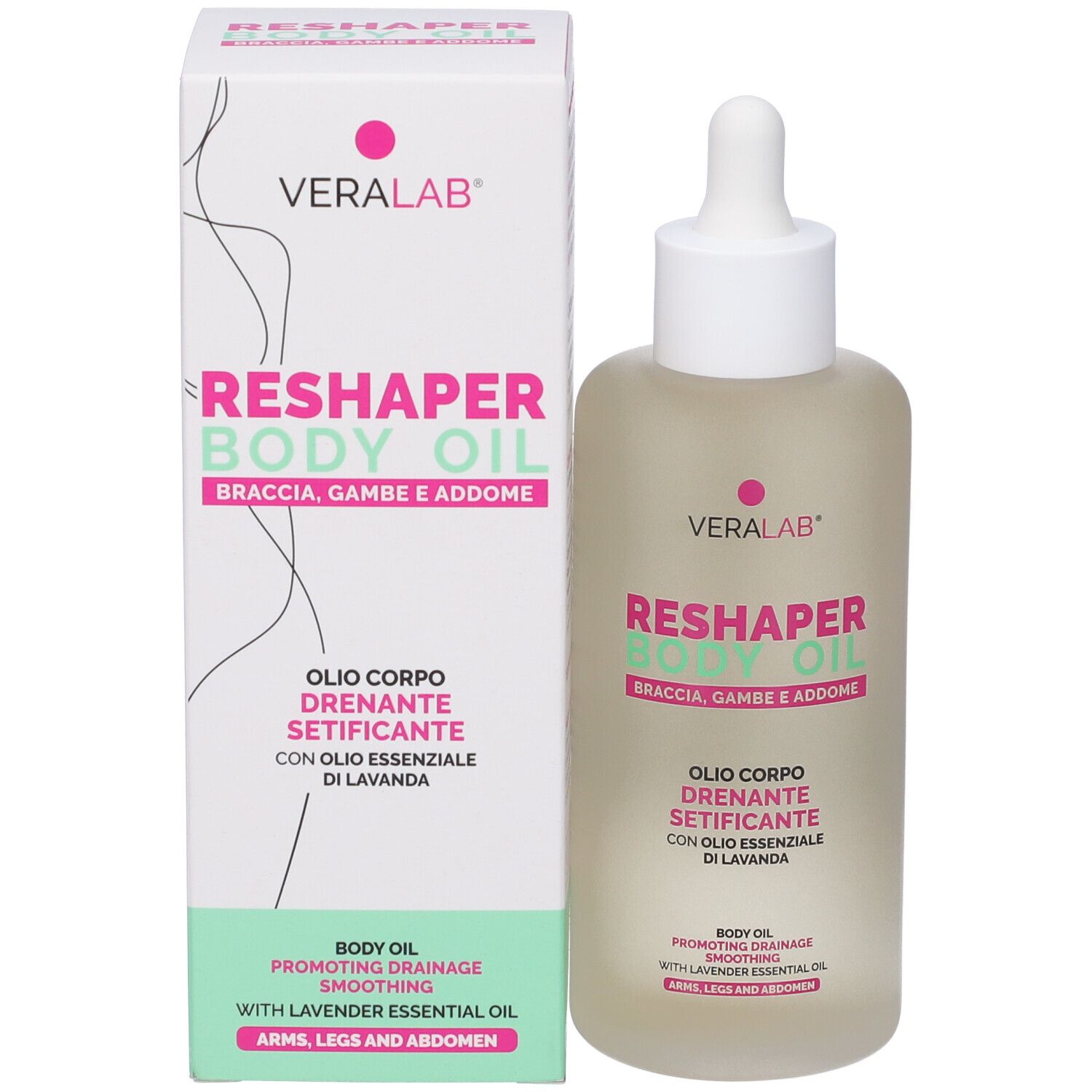 Veralab Reshaper Body Oil. Flacone e confezione. Testo: Reshaper Body Oil, Olio Corpo, Drenante, Setificante.