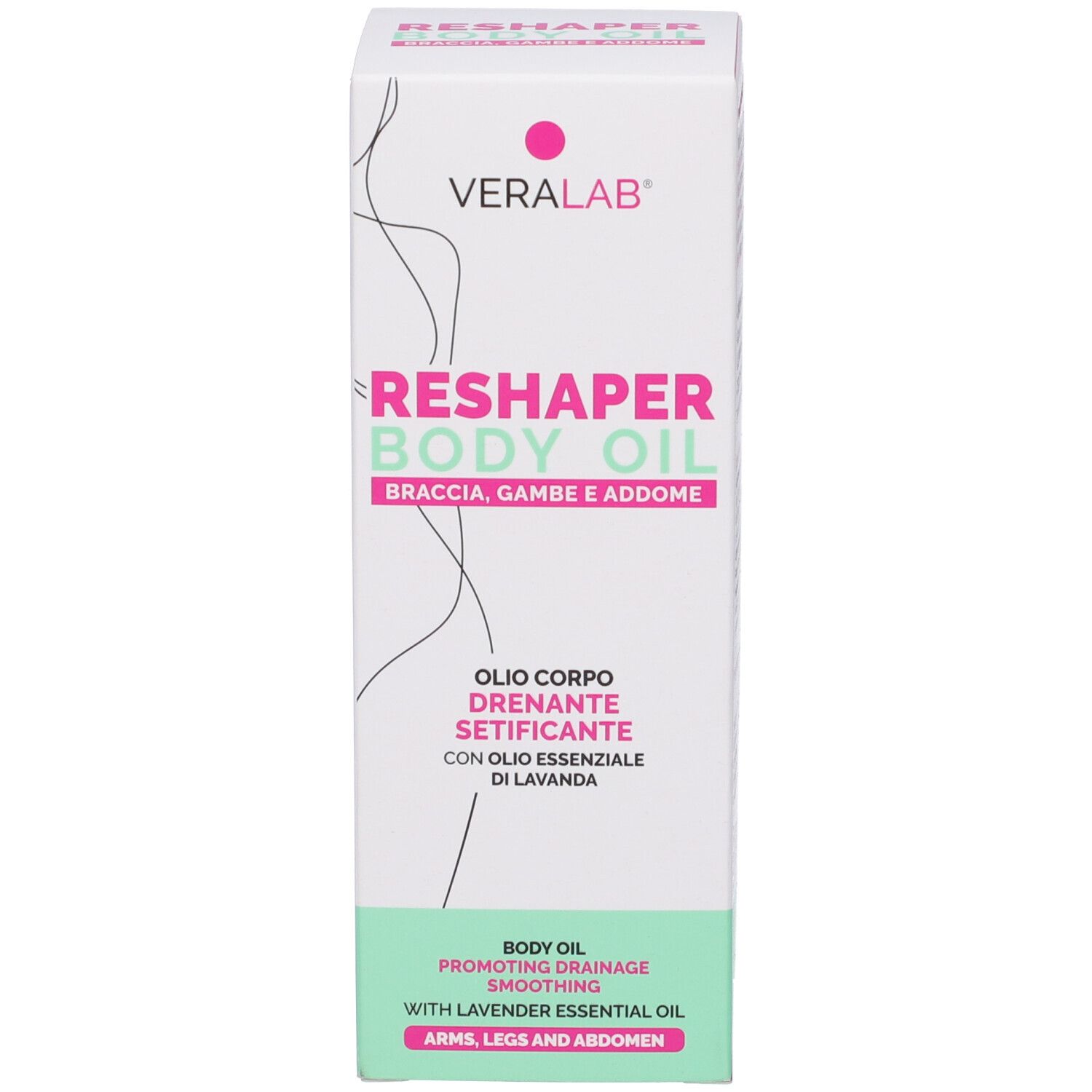 Veralab Reshaper Body Oil. Confezione. Testo: Reshaper Body Oil, Olio Corpo, Drenante, Setificante.