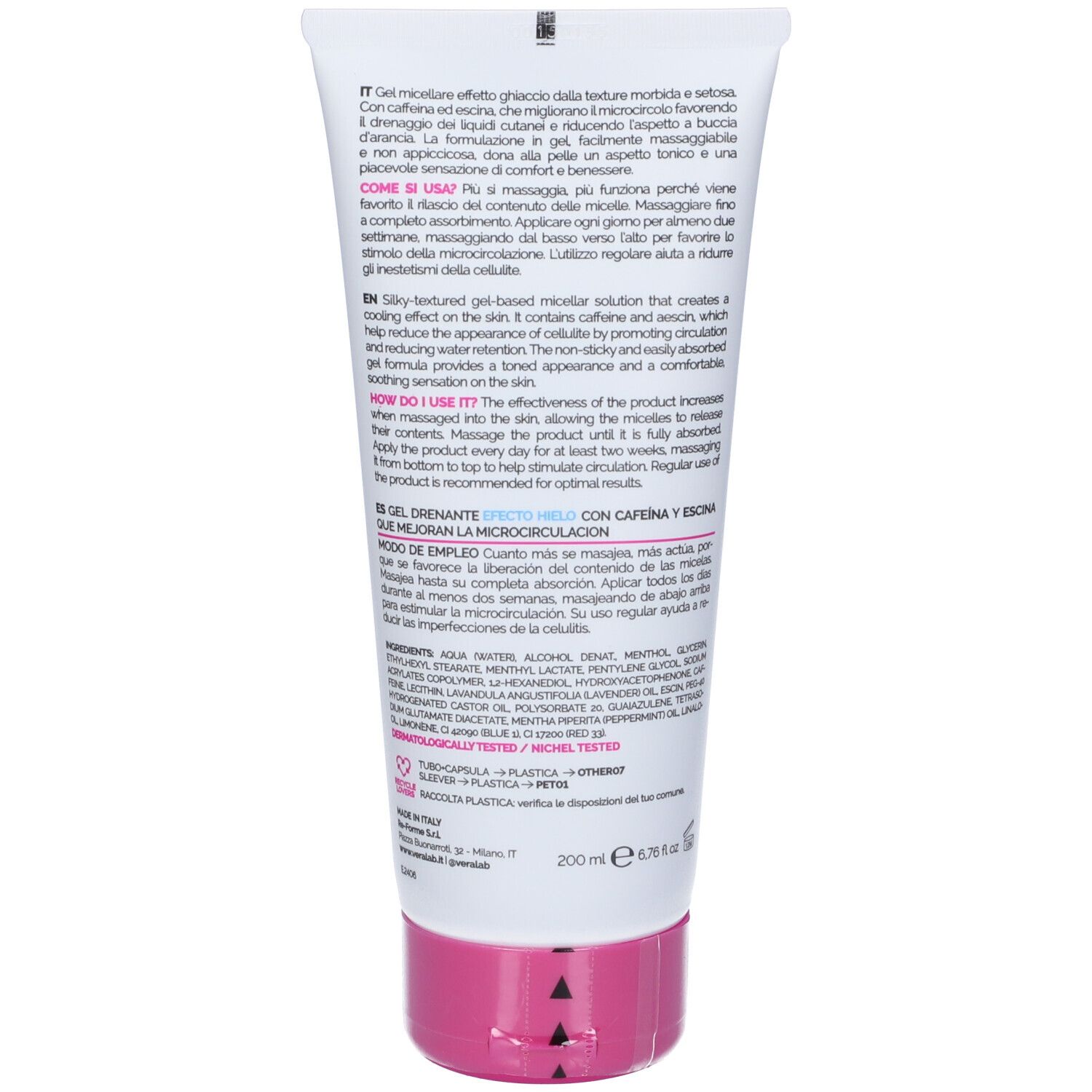 Retro del tubo con informazioni sul prodotto e ingredienti. Tappo rosa.