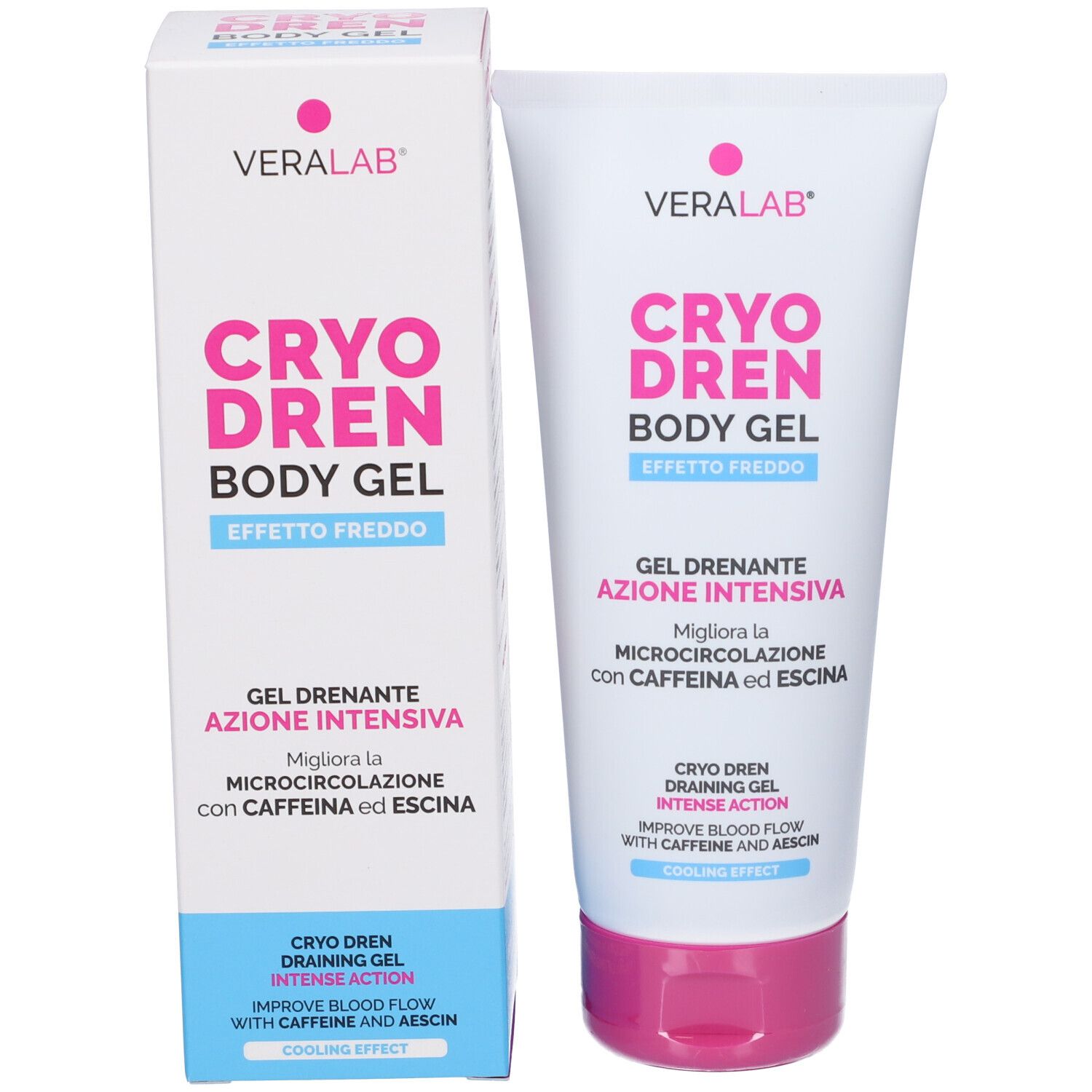 Prodotto e confezione affiancati. Tubo e scatola con nome e logo.