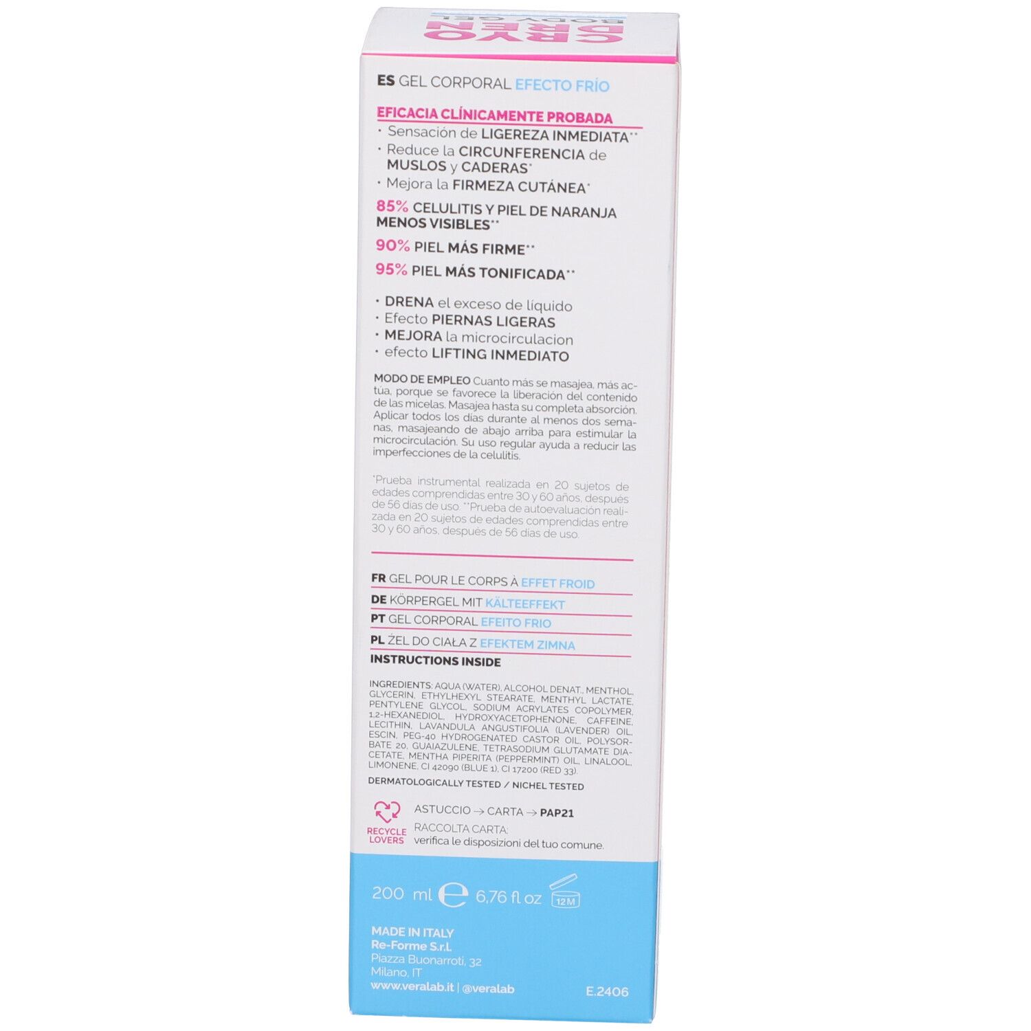 Confezione del prodotto. Testo con informazioni e ingredienti. 200 ml.