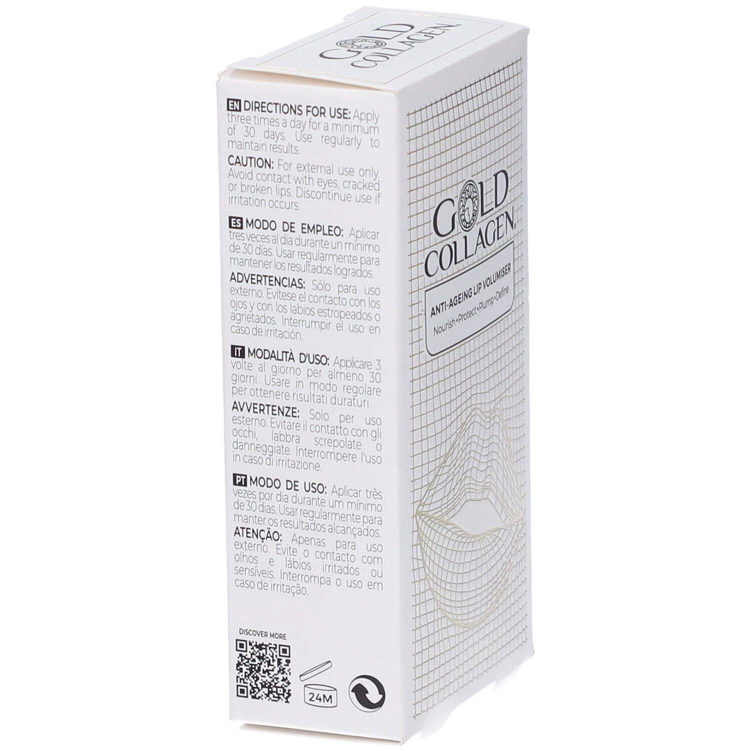 Scatola bianca, vista laterale con testo multilingue. Logo Gold Collagen e illustrazione labbra.